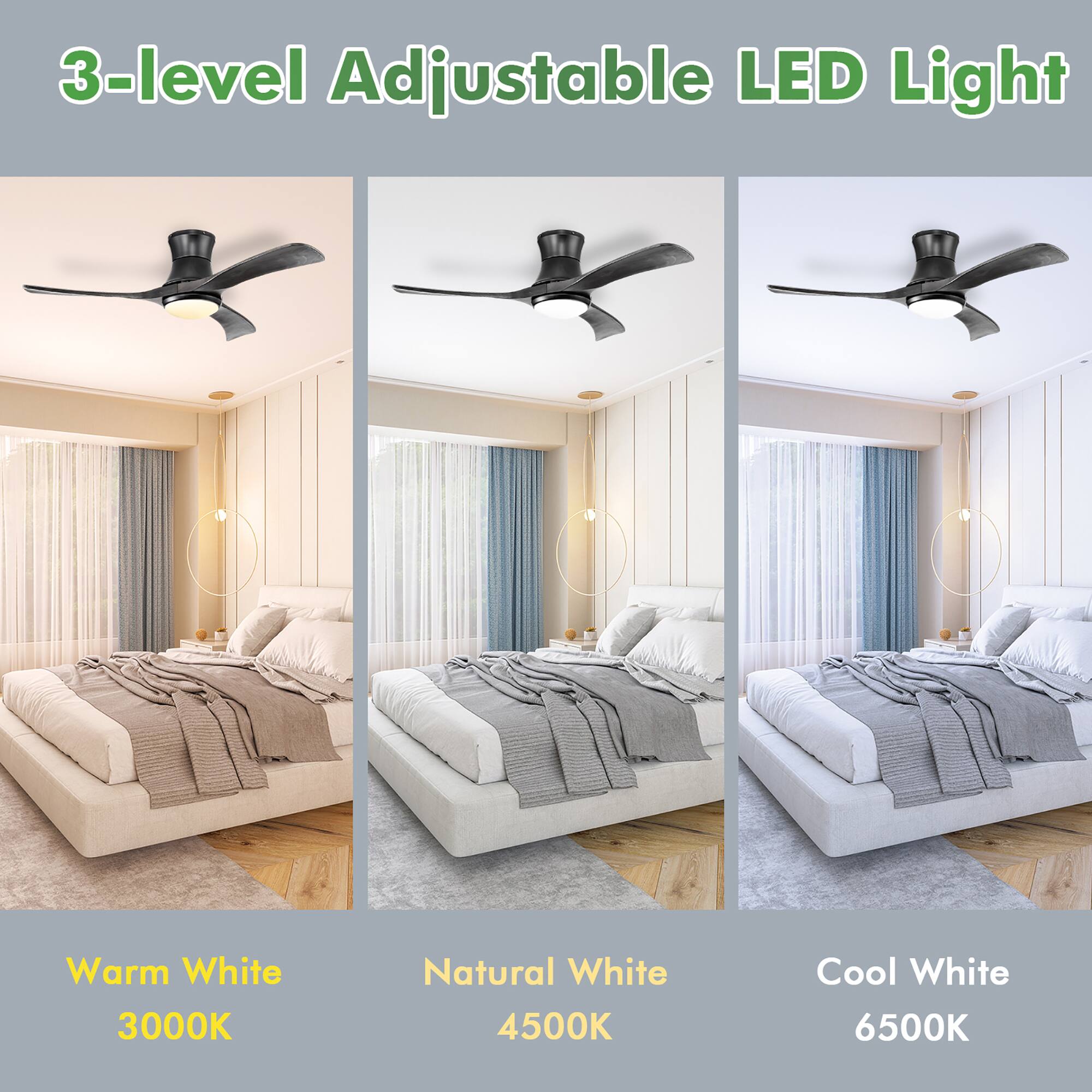 3-level Adjustable LED Light: Warm White (3000K), Natural White (4500K), Cool White (6500K)