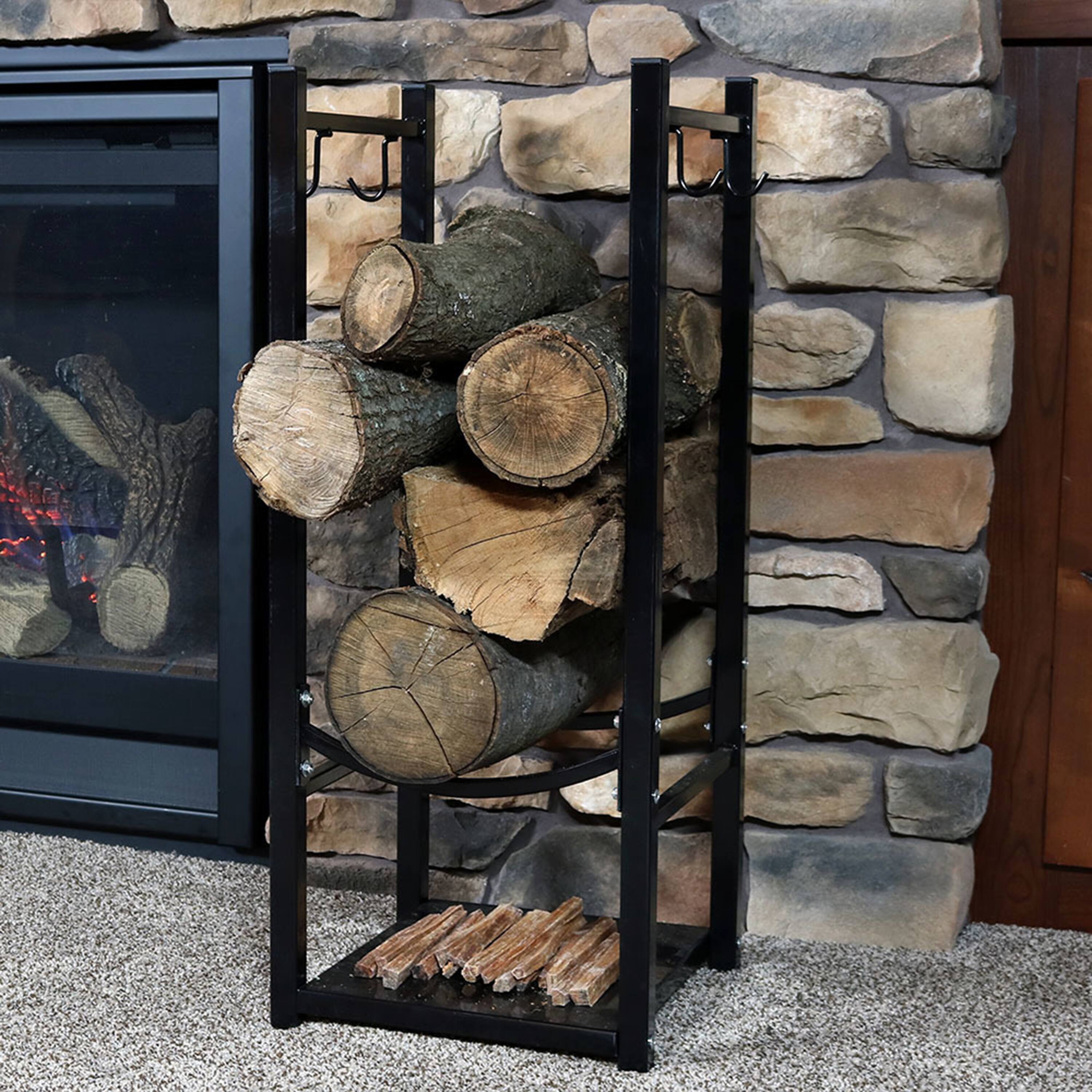 Alt View 1. Sunnydaze - 32 in Steel Firewood Log Rack with Tool Holders - Black.