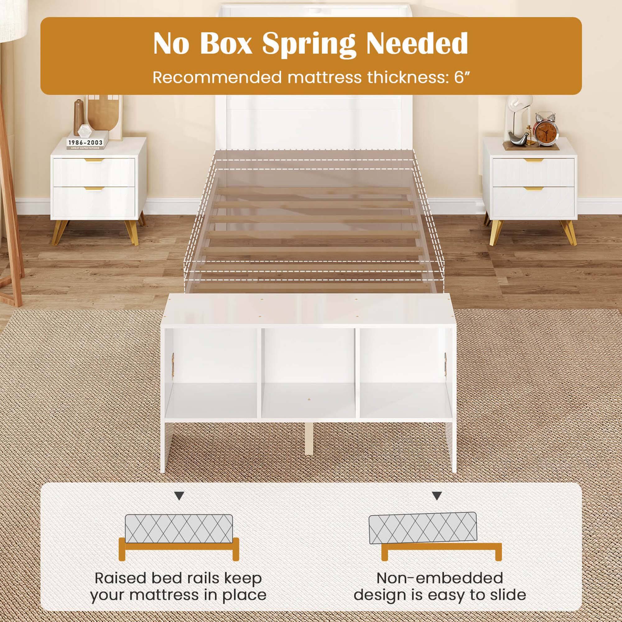No Box Spring Needed Recommended mattress thickness: 6" 1984-2003 Raised bed rails keep your mattress in place Non-embedded design is easy to slide
