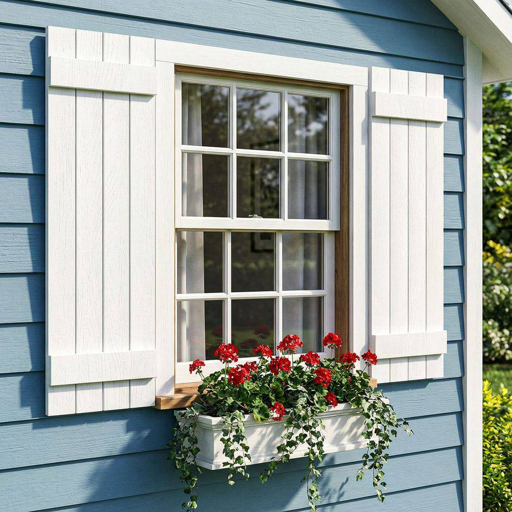 Alt View 4. Kadyn - Classic Board & Batten Faux Shutters with 2 Horizontal Bars for Timeless and Durable Exterior Elegance, 14"x43", White - White.