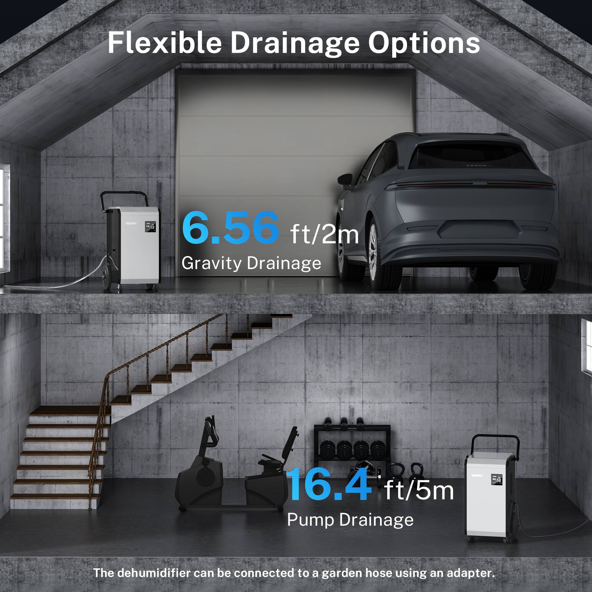 Flexible Drainage Options

- 6.56 ft/2m Gravity Drainage
- 16.4 ft/5m Pump Drainage

The dehumidifier can be connected to a garden hose using an adapter.