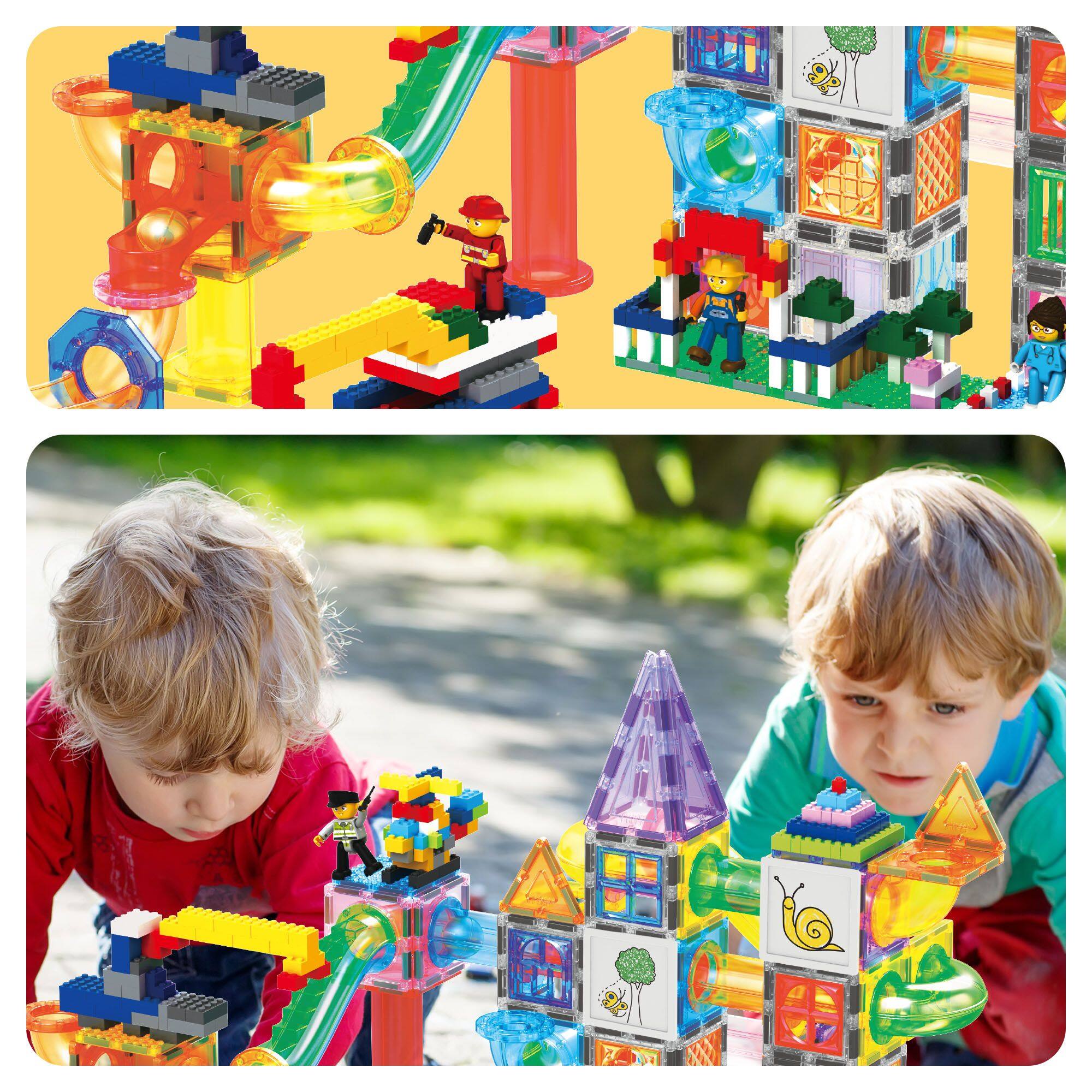 Alt View 7. PicassoTiles - 700PCS Marble Run Magnetic Tiles & Brick Combo, Magnet Building Blocks Toy Set with Storage Bin, book & Action Figures.