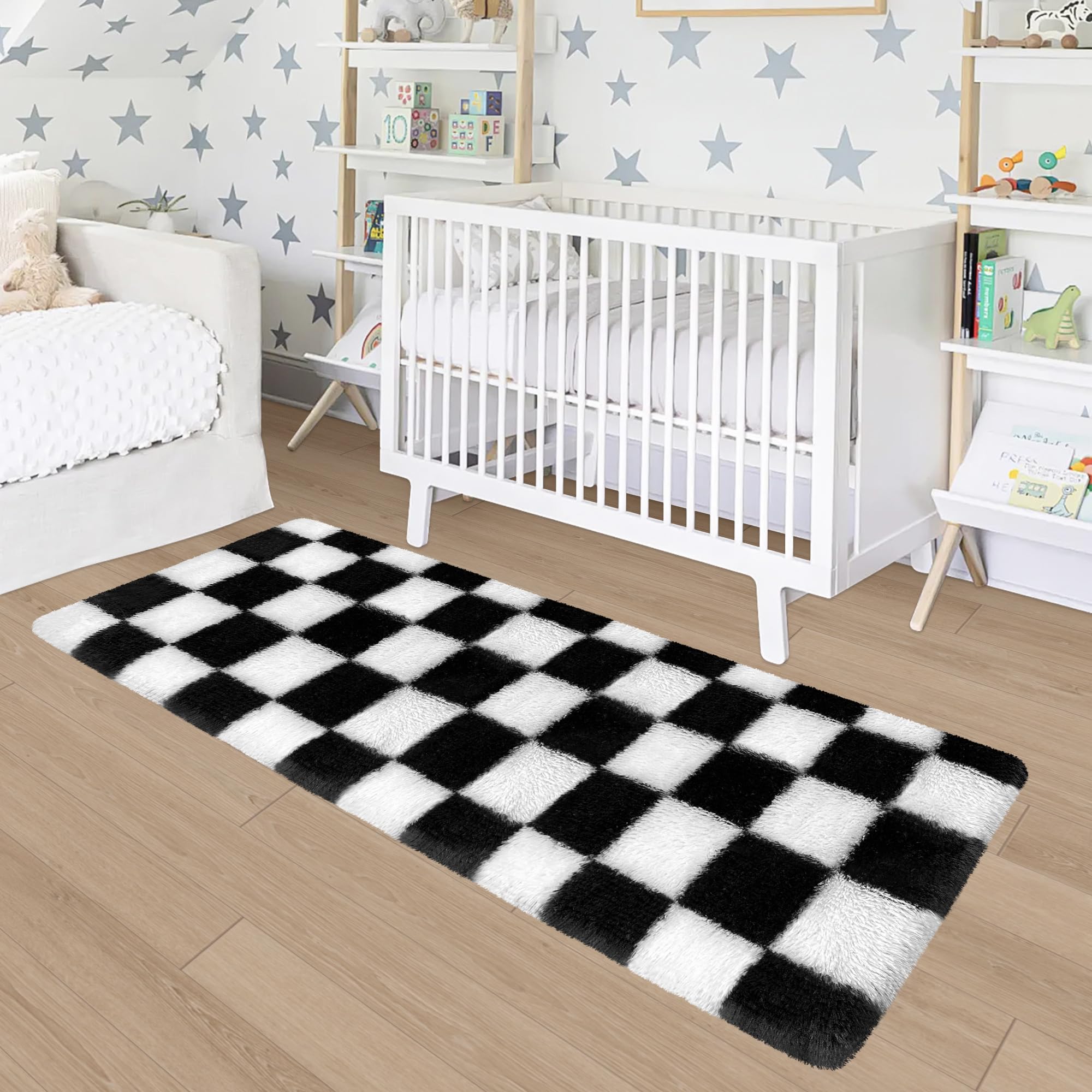 Alt View 6. Fabibe - Soft Fuzzy Fluffy Rug For Bedroom Living Room Black And White Checkered Shag Runner 2x6 Ft Hallway Plush Shaggy - Beige and White-6' x 2' (Runner).