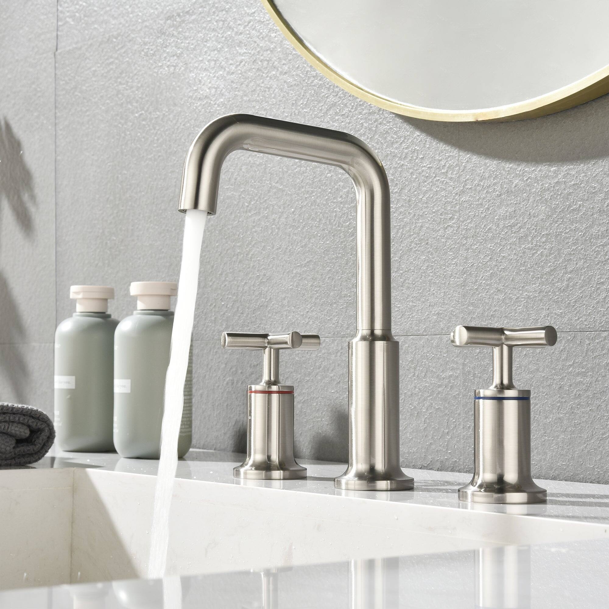 Alt View 7. Boyel Living - Brass 8 Inch Widespread Double Handle Bathroom Faucet with Water Supply Hoses and Quick Connected Hose in Brushed Nickel - Brushed Nickel.