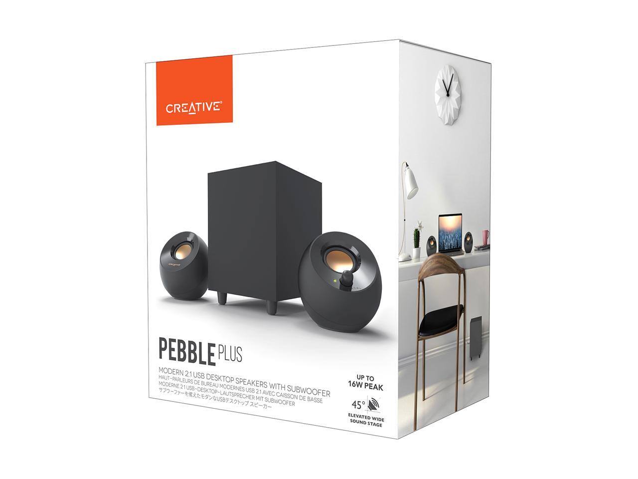 CREATIVE PEBBLE PLUS  
MODERN 21 USB DESKTOP SPEAKERS WITH SUBWOOFER  
MODERN 21 USB HAUT-PARLEURS DE BUREAU AVEC CAISSON DE BASSE  
MODERN 21 USB DESKTOP SPEAKERS WITH SUBWOOFER  
UP TO 16W PEAK  
45° ELEVATED WIDE SOUND STAGE