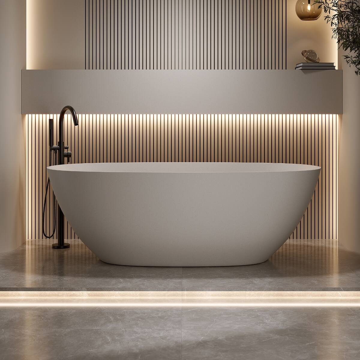 Alt View 3. Loheer - Loheer 57 in Freestanding Soaking Bathtub in Beige Solid Surface with Overflow and Pop Up Drain - Beige.