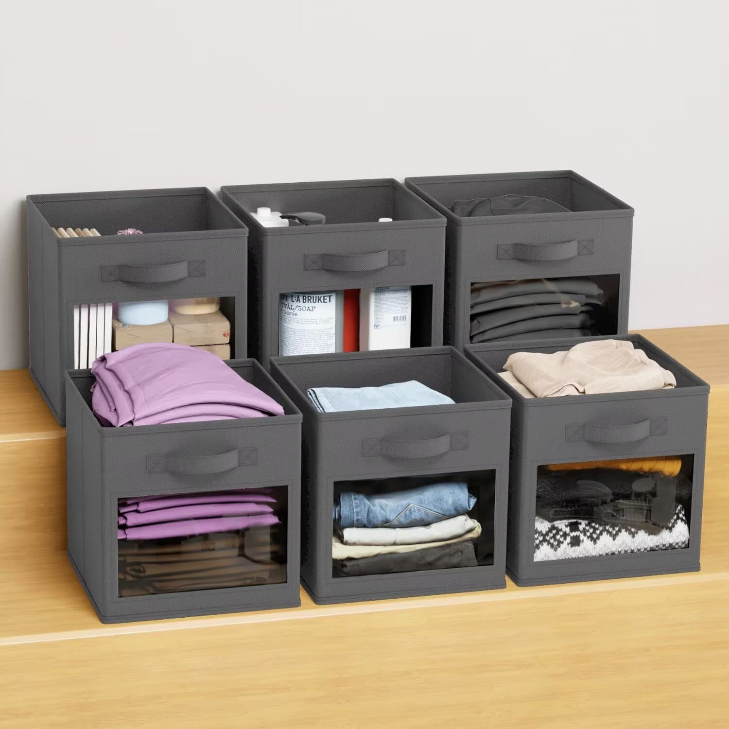 Tooloton - 6-Pack Clear Window Fabric Storage Cubes, 11 Inch Foldable Organizer Bins for Home, Grey - Gray
