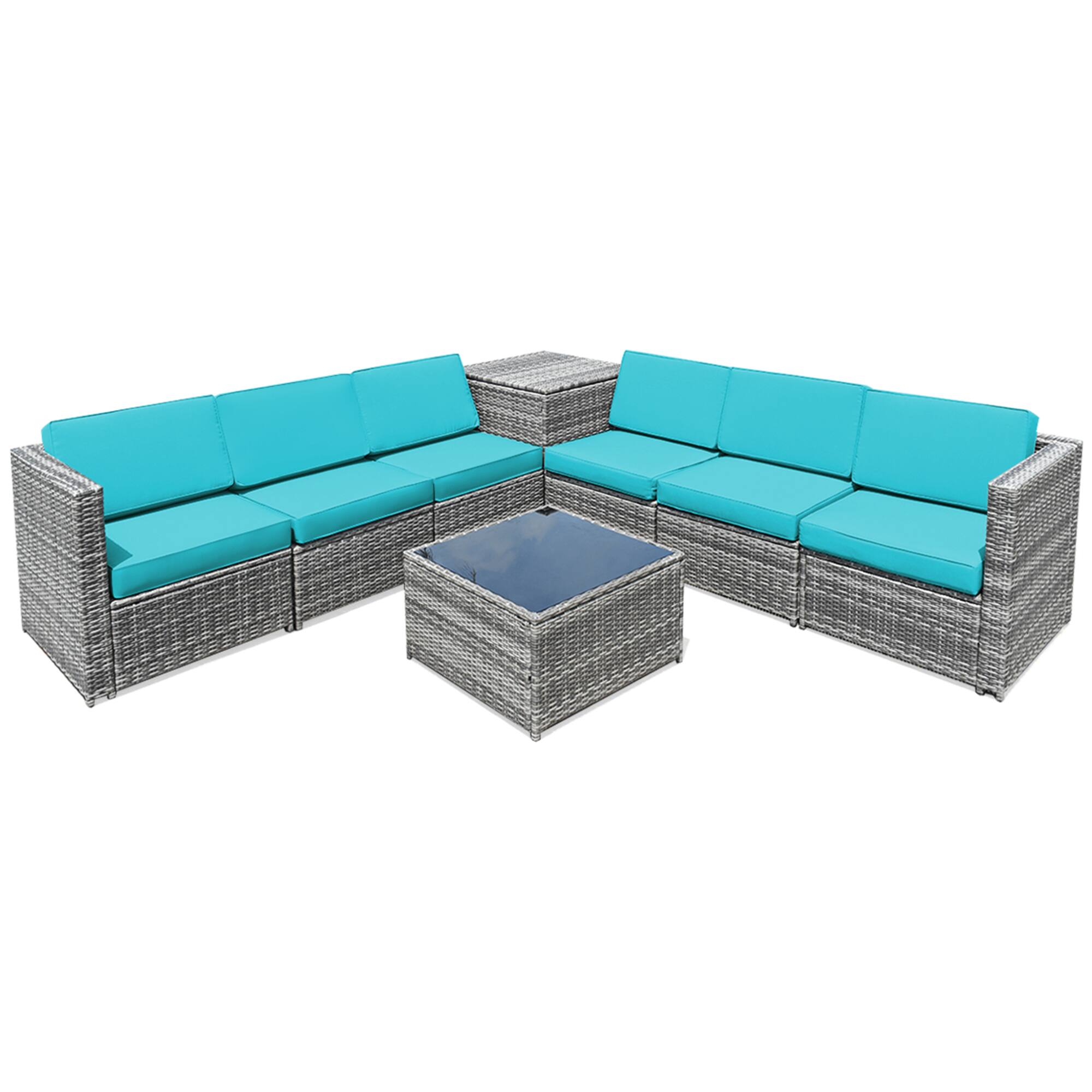 Alt View 4. Gymax - Gymax 8PCS Patio Rattan Sofa Sectional Conversation Furniture Set w/ Turquoise Cushion - Turquoise.