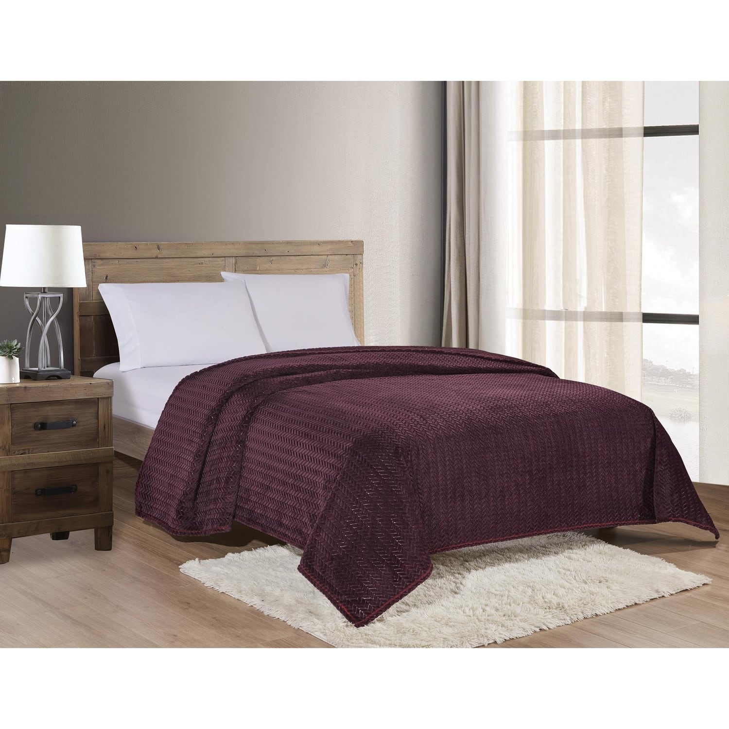 Noble House - Chevron Reversible and Comfortable Braided Oversized Plush All Season Blanket, Queen - Plum