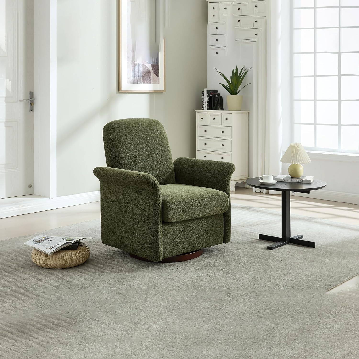 Alt View 5. Trinkets Crazed - Swivel Accent Chair Modern Barrel Armchair with Wood Base for Bedroom - dark green.