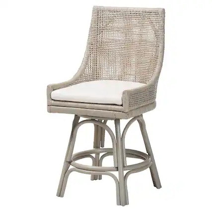 Front. bali & pari - Bella Swivel Rattan Counter Stool with Cushion - Handwoven Wicker Kitchen Island Seating with Backrest and Footrest - French Grey.