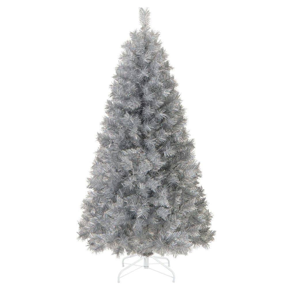 Resenkos - 5-Ft Artificial Christmas Tree with Warm White LED Lights - Silver