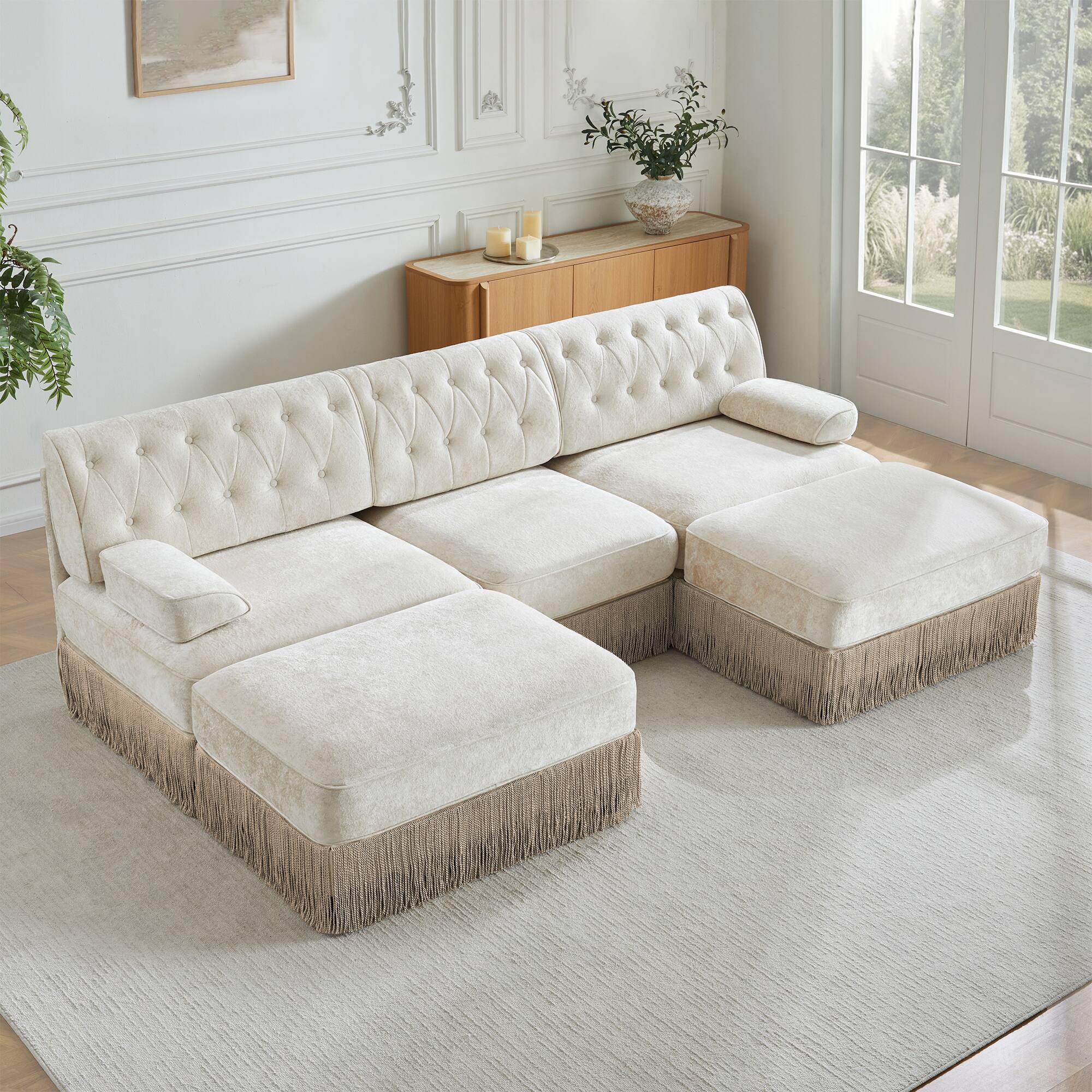 Front. Anysun - U-Shape Velvet Chesterfield Sofa - Tassel Skirt, Button Tufted, Modular Design, Ergonomic for Living Room & Bedroom - White.