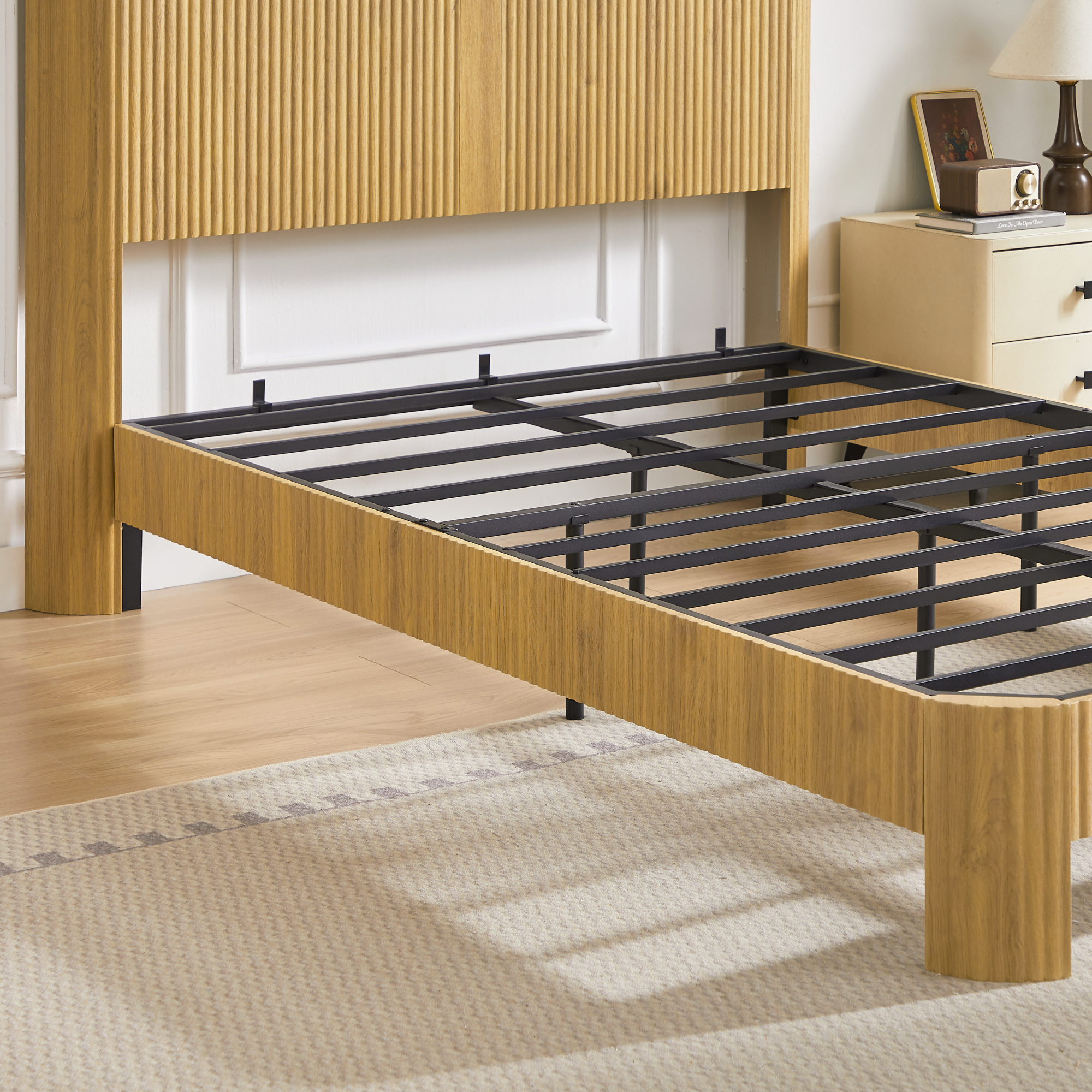 Alt View 5. GOODSILO - Full XL Storage Bed Frame with Charging Station Headboard and Wavy Curved Design in Walnut Finish - Natural.