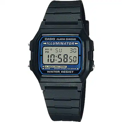 CASIO ALARM CHRONO
ILLUMINATOR
54 30
10:58 50
EL BACKLIGHT/RESET
MODE START-STOP/12-24HR
WATER RESIST