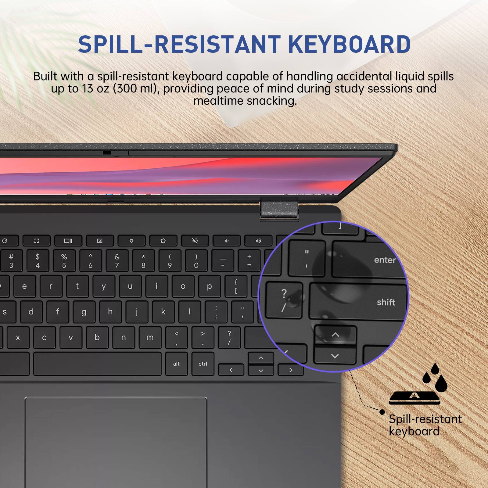 SPILL-RESISTANT KEYBOARD

Built with a spill-resistant keyboard capable of handling accidental liquid spills up to 13 oz (300 ml), providing peace of mind during study sessions and mealtime snacking.

C 0 3 $ 4 % 5 A 6 & 7 * 8 ( 9 ) 0 - - + = II I enter 1 S e d f t g y h u j i k O I p : : [ [ " I ? / shift X C V b n m < I > ? / alt ctrl < ^ V > V A

Spill-resistant keyboard