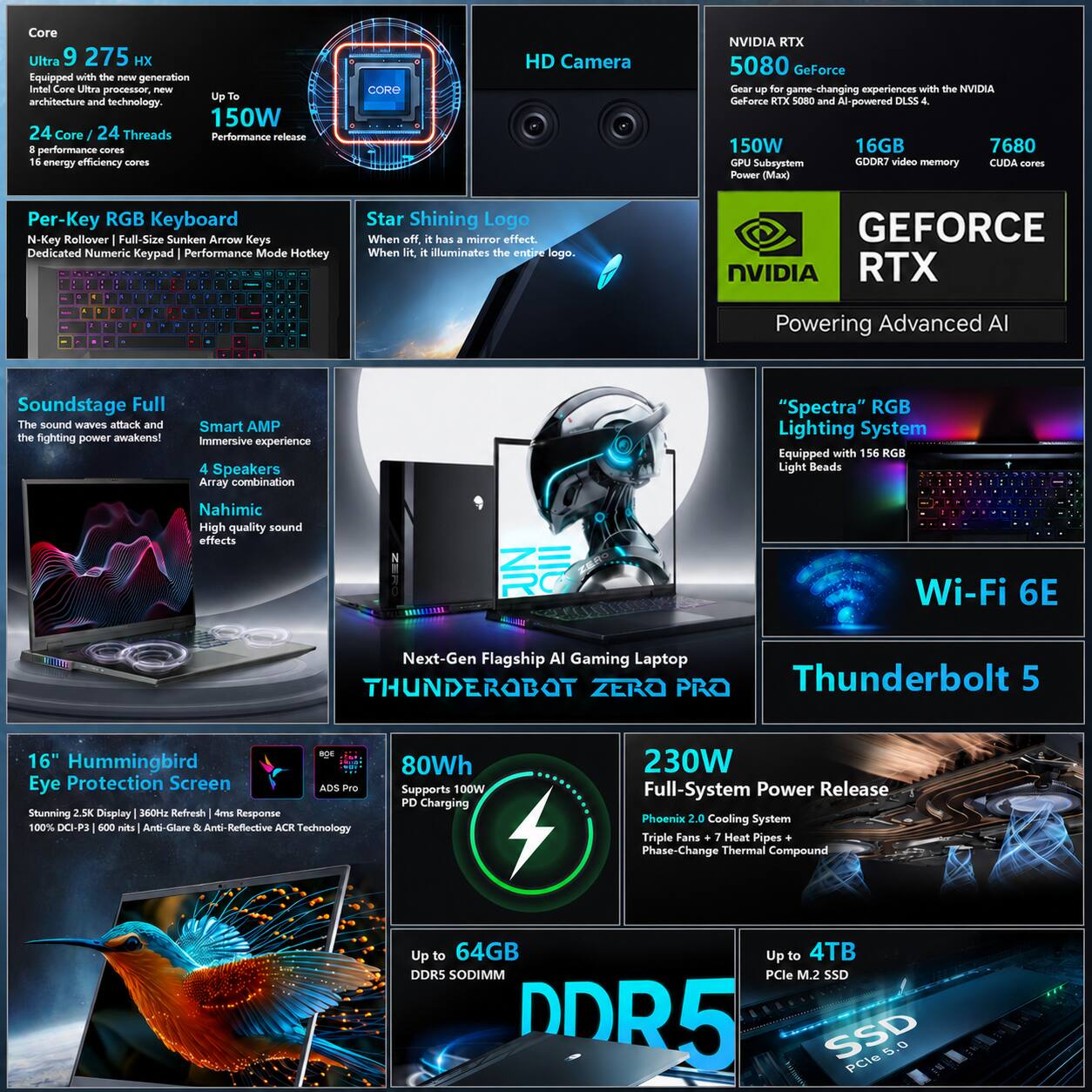 Core Ultra 9 275 HX  
Equipped with the new generation Intel Core Ultra processor, 24 core / 24 threads architecture and technology.  
150W Performance release  
24 core / 24 threads  
8 performance cores  
16 energy efficiency cores  

Per-Key RGB Keyboard  
N-Key Rollover Full-Size Sunken Arrow Keys  
Dedicated Numeric Keypad  
Performance Mode Hotkey  

Star Shining Logo  
When off, it has a mirror effect. When it illuminates, it illuminates the entire logo.  

NVIDIA RTX 5080 GeForce  
Gear up for game-changing experiences with the NVIDIA GeForce RTX 5080 and AI-powered DLSS 4.  
150W GPU Subsystem  
16GB GDDR6 video memory  
7680 CUDA cores  

Soundstage Full  
The sound waves attack and the fighting power awakens!  
Smart AMP Immersive experience  
4 Speakers Array combination  
Nahimic High quality sound effects  

"Spectra" RGB Lighting System  
Equipped with 156 RGB Light Beads  

Wi-Fi 6E  
Next-Gen Flagship AI Gaming Laptop  

Thunderbolt 5  

