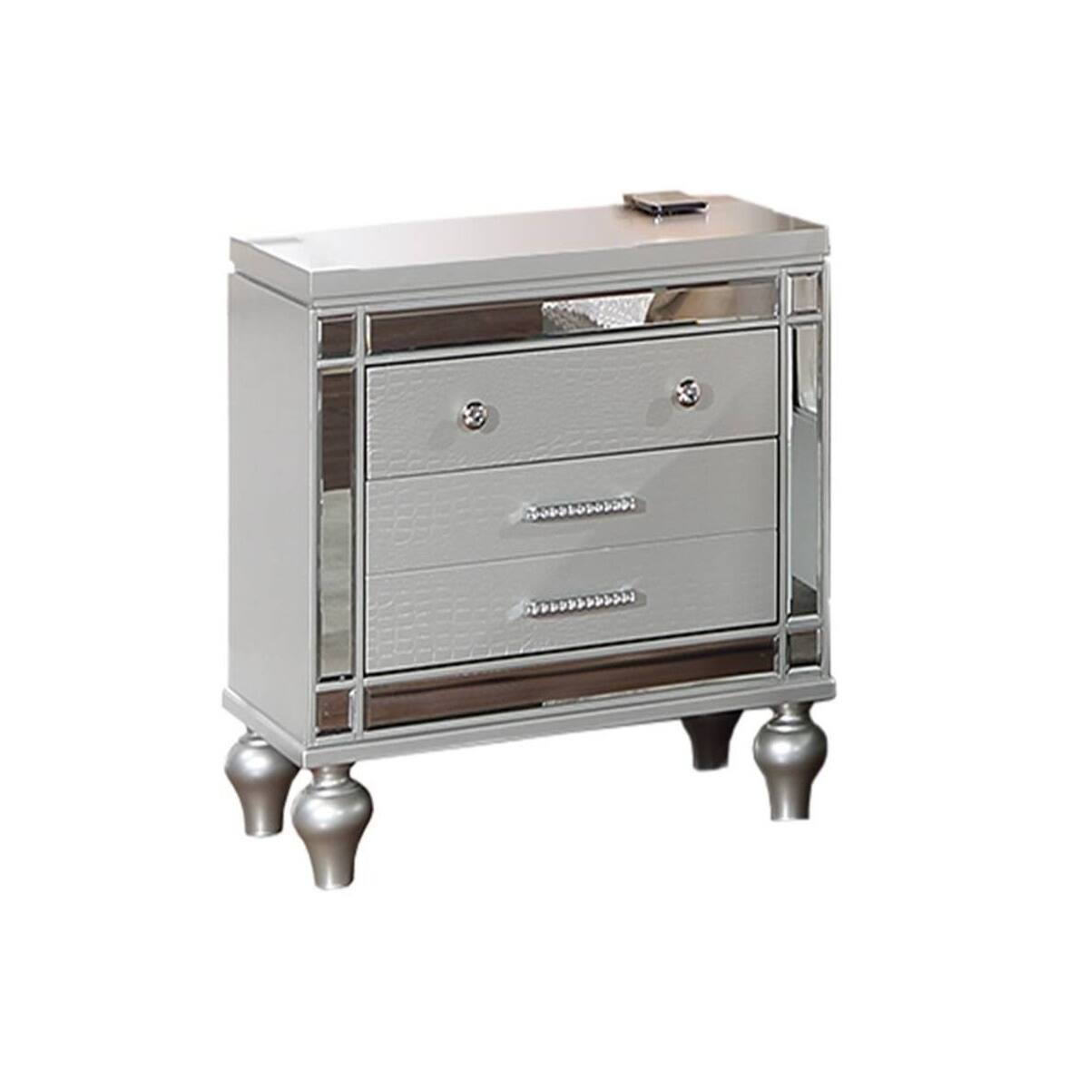 Front. Loheer - Loheer Solid Wood Bedside Table, Two Drawer Nightstand with Mirror Glass Panel - Cream.