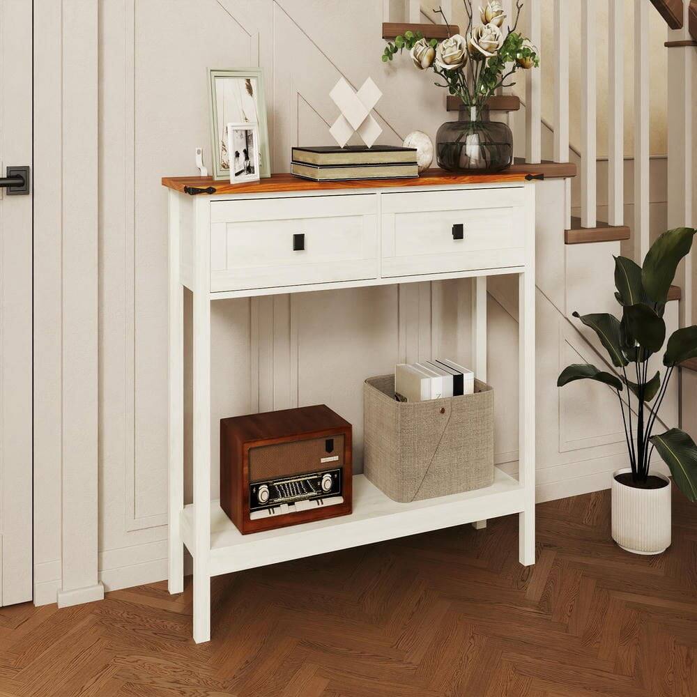 Alt View 5. Kadyn - Farmhouse Style Console Table - 2 Drawers & Bottom Storage Shelf, Rustic Side Table for Entryway, Living Room, Hallway - White.