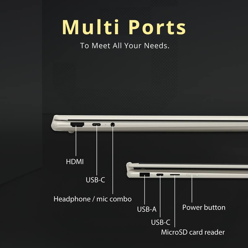 Multi Ports To Meet All Your Needs. HDMI USB-C Headphone / mic combo USB-A Power button USB-C MicroSD card reader