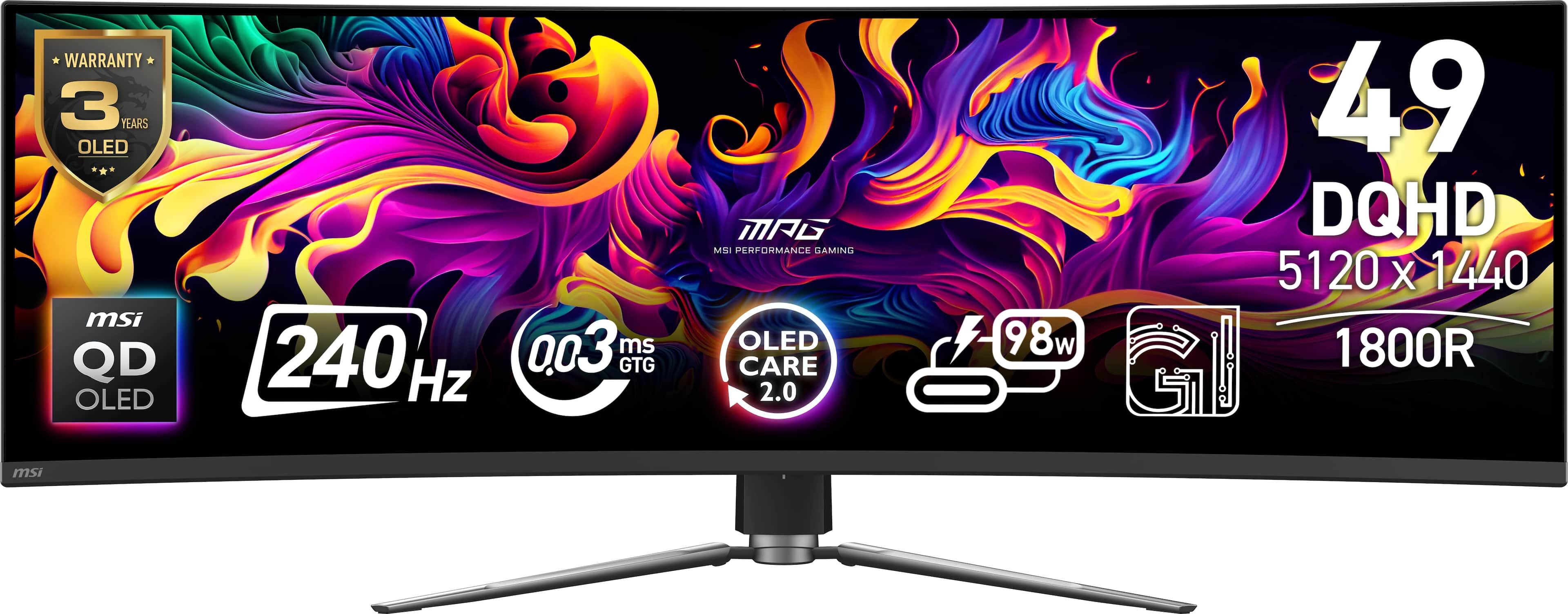 The text on the image reads: "WARRANTY 3 YEARS OLED - msi QD OLED 240 Hz 0,03 ms GTG MAG ME PERFORMANCE LAMING OLED CARE 2.0 98w 49 DQHD 5120 X 1440 1800R msi."