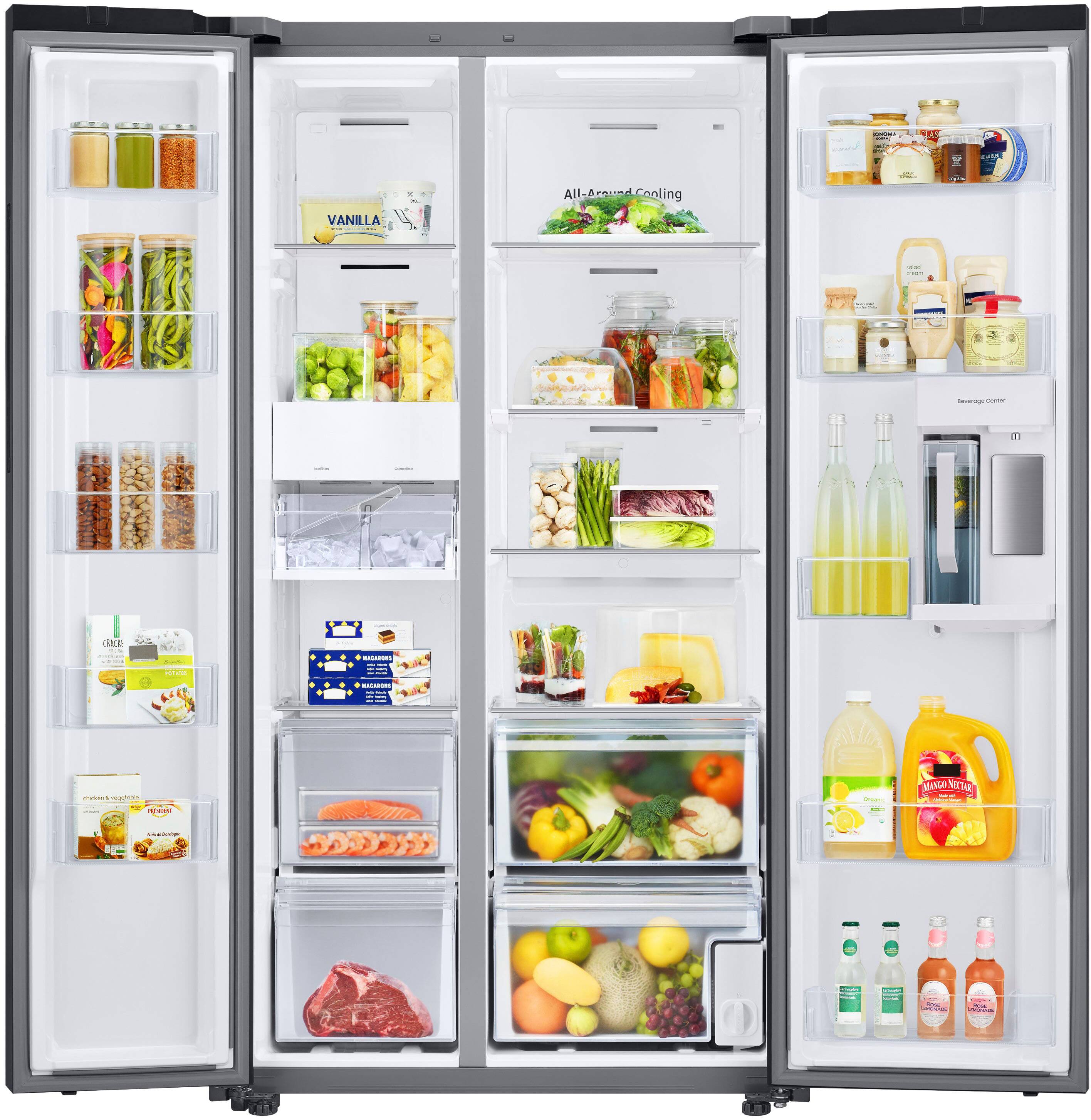 The image shows a refrigerator with a variety of food items inside. The refrigerator is filled with different types of food, including fruits, vegetables, and meat. There are multiple bottles of various drinks, such as juice, milk, and soda, placed in the refrigerator. The refrigerator is also stocked with condiments and other food items, making it a well-stocked and diverse food storage area.