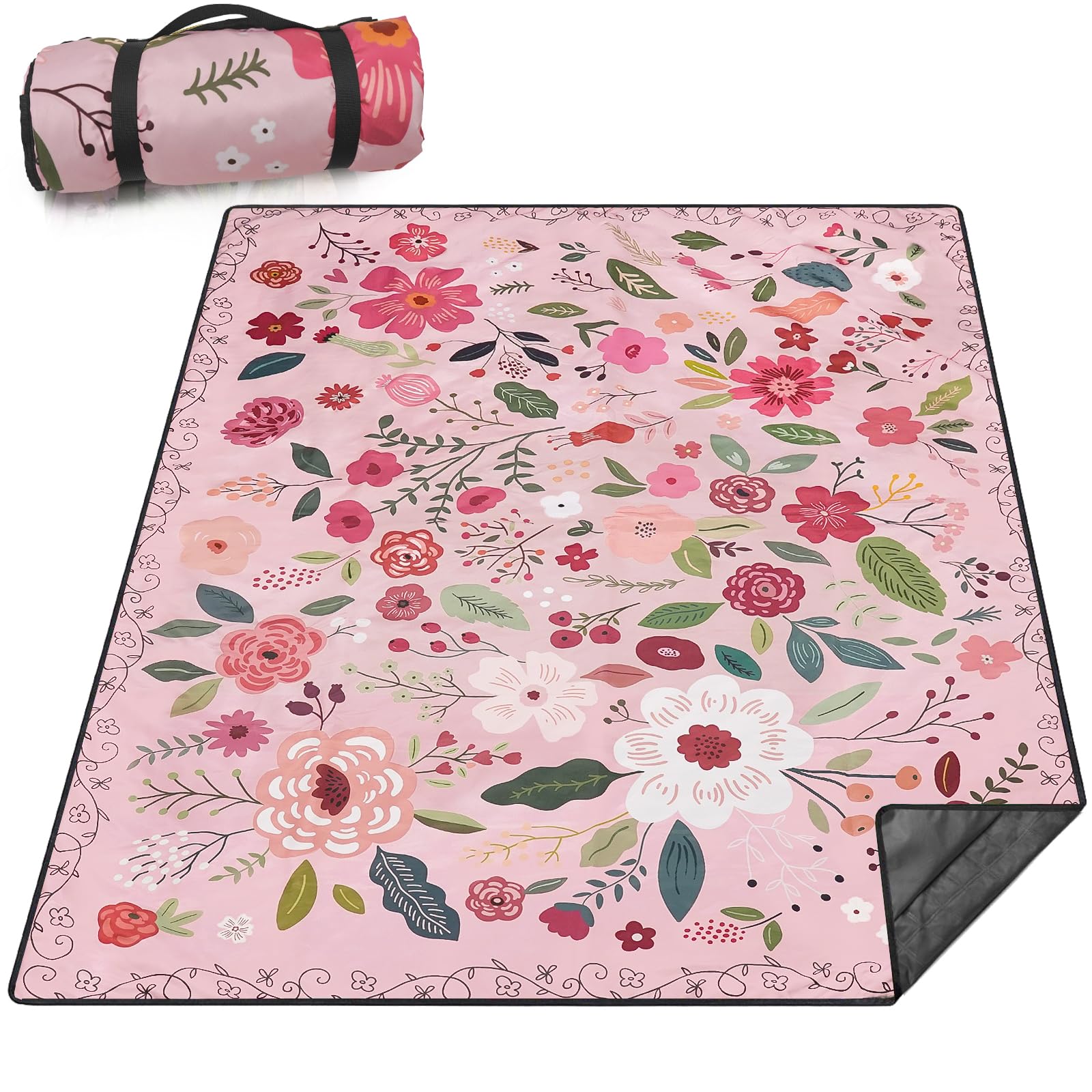Reds Spade - Picnic Blankets Waterproof Sandproof Beach Blanket Foldable Portable Travel Extra Large Vintage Boho Campin - Pink Boho Flower-5' x 6'8" (Rectangular)