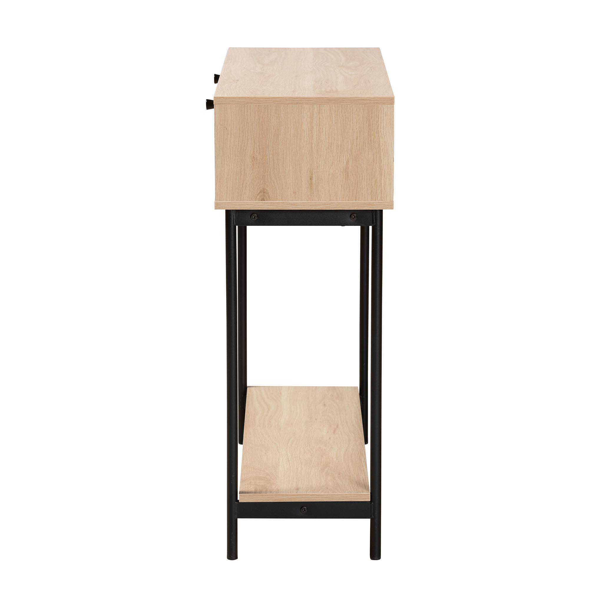 Back. Baxton Studio - Sherwin Mid-Century Modern  and 2-Drawer Console Table with Woven Rattan Accent - Light Brown/Black.