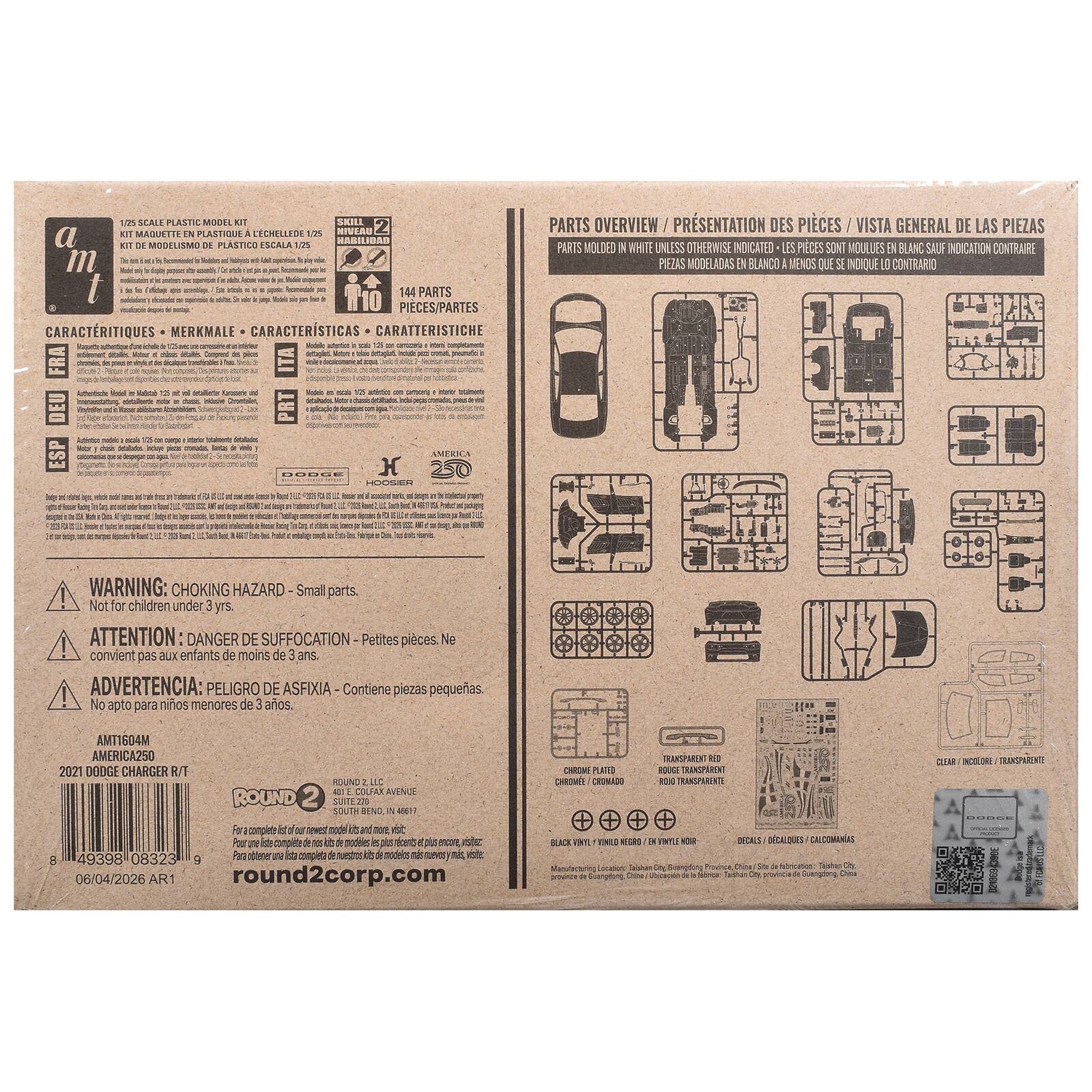 1/25 SCALE PLASTIC MODEL KIT  
KIT MAQUETTE EN PLASTIQUE A L'ECHELLE DE 1/25  
KIT DE MODELISMO DE PLASTICO ESCALA 1.25  

SKILL LEVEL  
NIVEAU HABILIDAD  

144 PARTS  
PARTS OVERVIEW / PRESENTATION DES PIECES / VISTA GENERAL DE LAS PIEZAS  
PARTS MOULEES EN BLANC SAUF INDICATION CONTRAIRE  
PIECES MOLDEADAS EN BLANCO A MENOS QUE SE INDIQUE LO CONTRARIO  

CARACTERISTIQUES / MERKMALE / CARACTERISTICAS / CARATTERISTICHE  

WARNING: CHOKING HAZARD - Small parts.  
Not for children under 3 yrs.  
ATTENTION: DANGER DE SUFFOCATION - Petites pièces. Ne convient pas aux enfants de moins de 3 ans.  
ADVERTENCIA: PELIGRO DE ASFIXIA - Contiene piezas pequeñas. No apto para niños menores de 3 años.  

AMT1604M  
AMERICA250  
2021 D