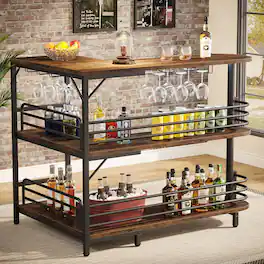 Tribesigns - 47.2-Inch L-Shaped Bar Table with 3-Tier Storage Shelves and Glass Holder for Kitchen or Home Bar - Brwon
