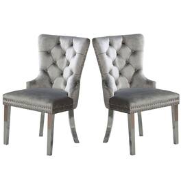 Manhattan Lane - 24 Inch Dining Side Chair Set of 2, Tufted Silver Gray Fabric, Chrome legs - Gray, Chrome