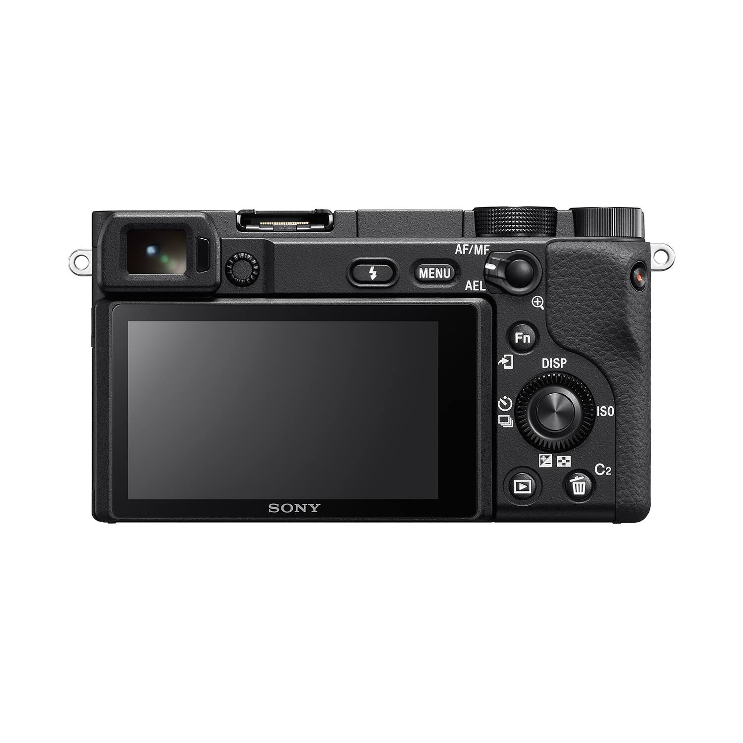 The text on the image reads "AF/MF MENU AEL Fn DISP ISO Y C2 SONY." This indicates that the camera is a Sony camera with various settings and functions available, such as autofocus, manual focus, menu, and display options. The camera also has an ISO setting, which affects the camera's sensitivity to light, and a C2 setting, which could be related to custom settings or presets.