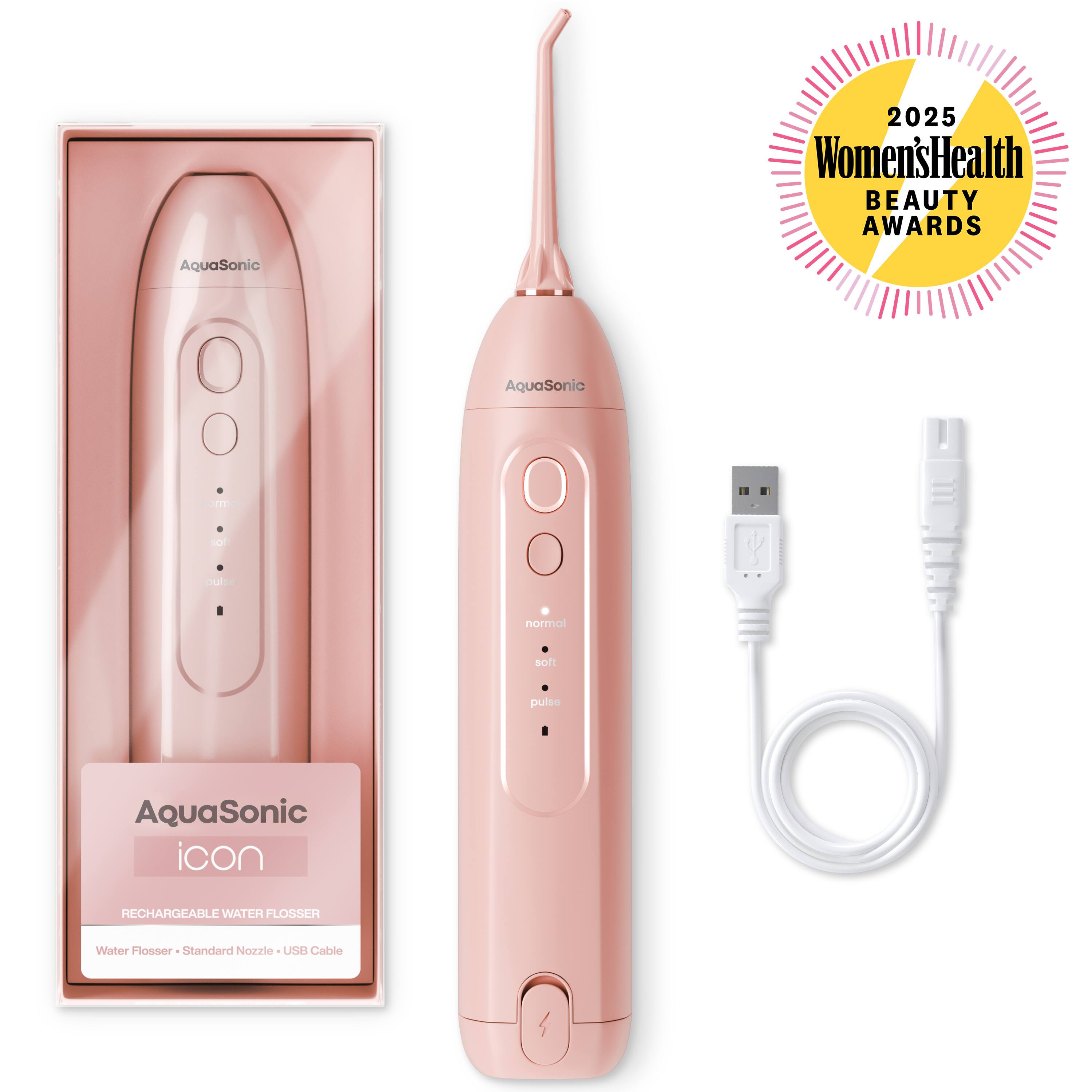 2025 Women's Health Beauty Awards  
AquaSonic Icon  
Rechargeable Water Flosser  
Water Flosser - Standard Nozzle - USB Cable