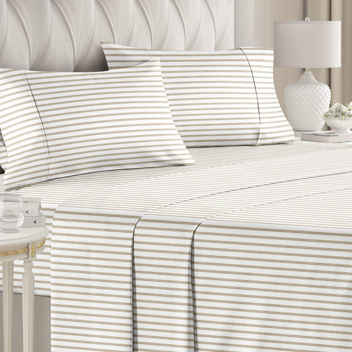 CGK Linens - Luxuriously Soft 4-Piece Striped Sheet Set - Wrinkle-Resistant, Printed Pattern - Queen - Beige Stripes