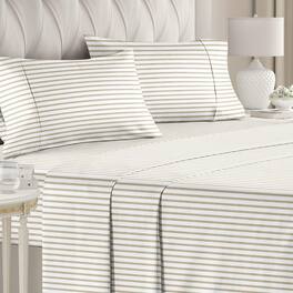 CGK Linens - Luxuriously Soft 4-Piece Striped Sheet Set - Wrinkle-Resistant, Printed Pattern - King - Beige Stripes