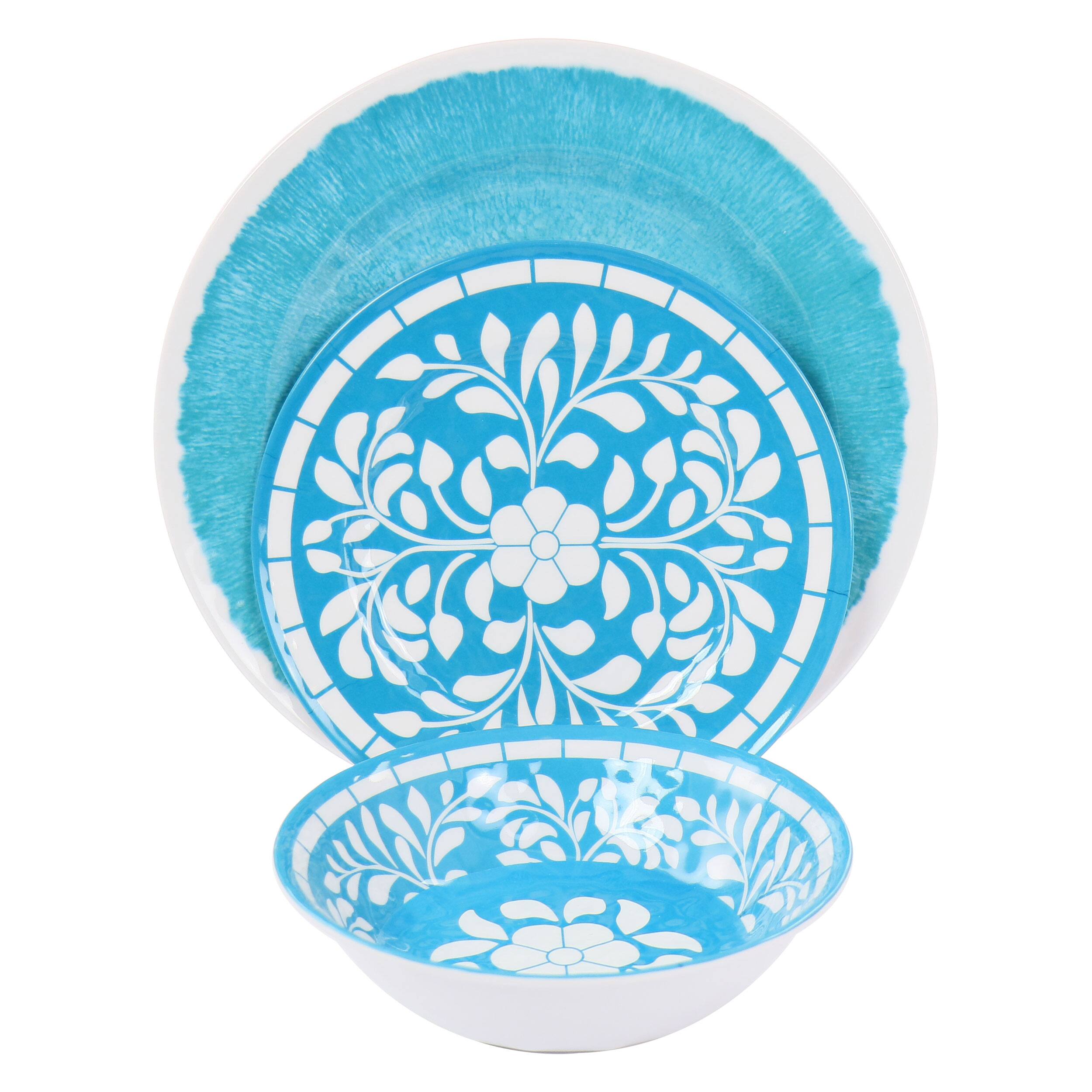 Angle. Elama - Elama Telly 12 Piece Melamine Dinnerware Set in Teal - Blue.