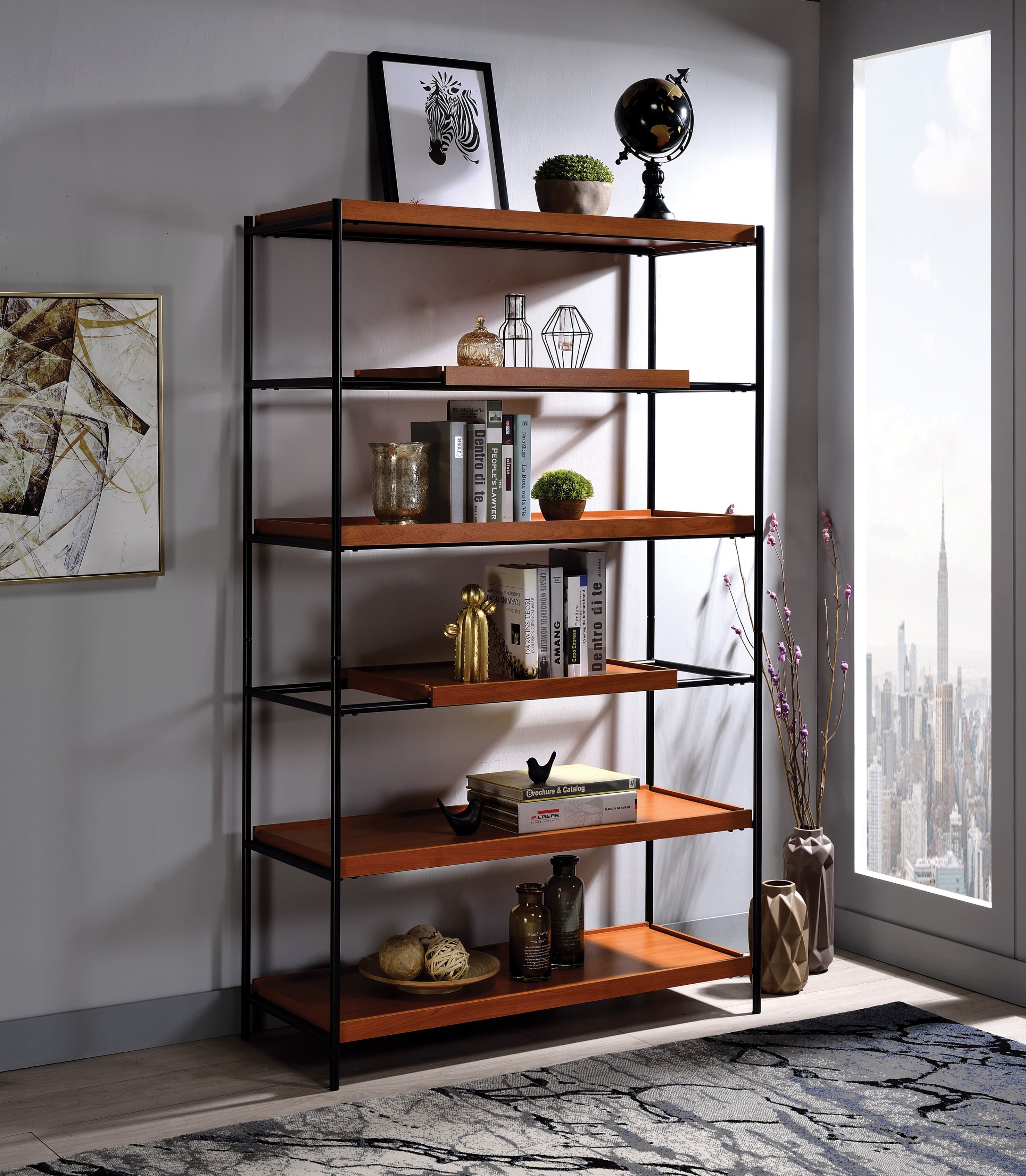 TinyHomie - Oaken Honey Oak and Black Finish Bookshelf - Brown Oak