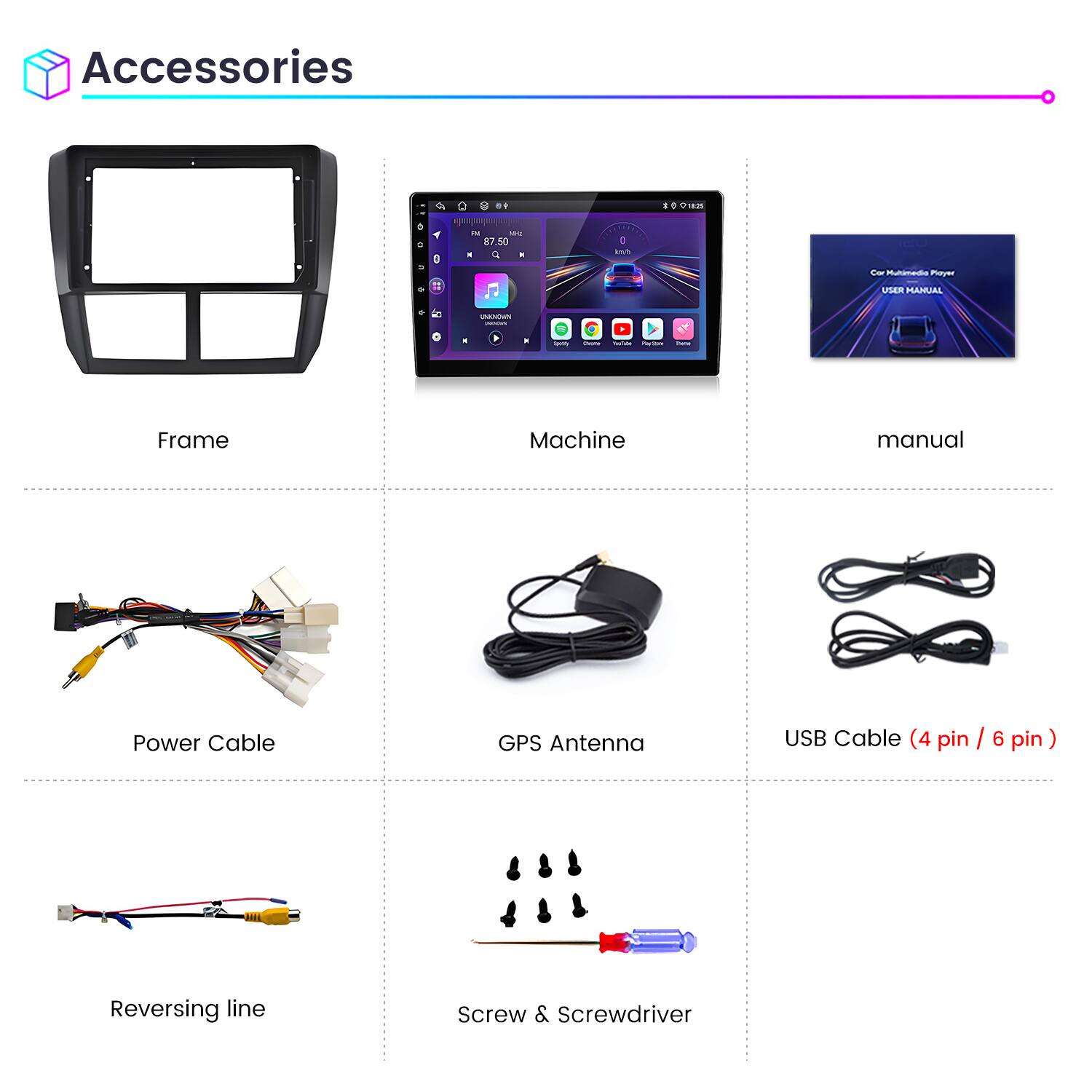Accessories

- Frame
- Machine
- Manual
- Power Cable
- GPS Antenna
- USB Cable (4 pin / 6 pin)
- Reversing line
- Screw & Screwdriver
