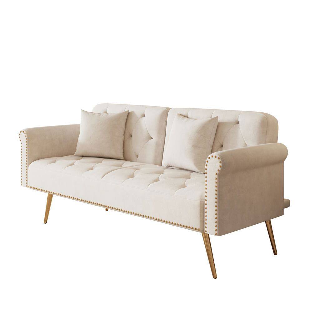 Back. Resenkos - 69.7" Velvet Sofa Bed with Nail Head Trim & Matching Throw Pillow - Beige.