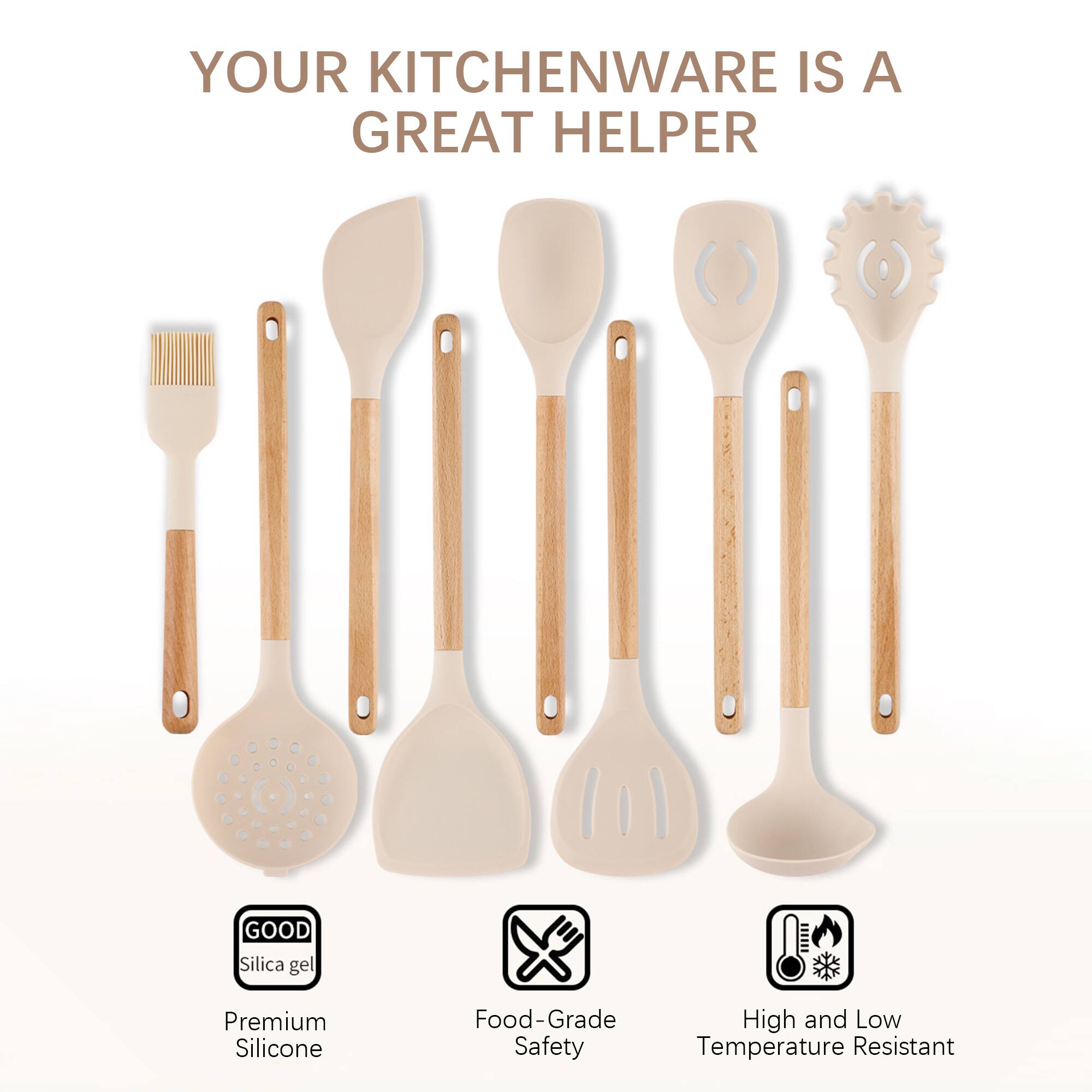 YOUR KITCHENWARE IS A GREAT HELPER

- GOOD Silica gel
- Premium Silicone
- Food-Grade Safety
- High and Low Temperature Resistant