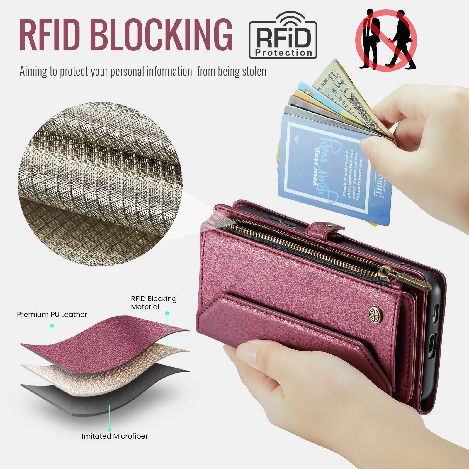 RFID BLOCKING  
Aiming to protect your personal information from being stolen  

RFiD Protection  

Premium PU Leather  
RFID Blocking Material  
Imitated Microfiber