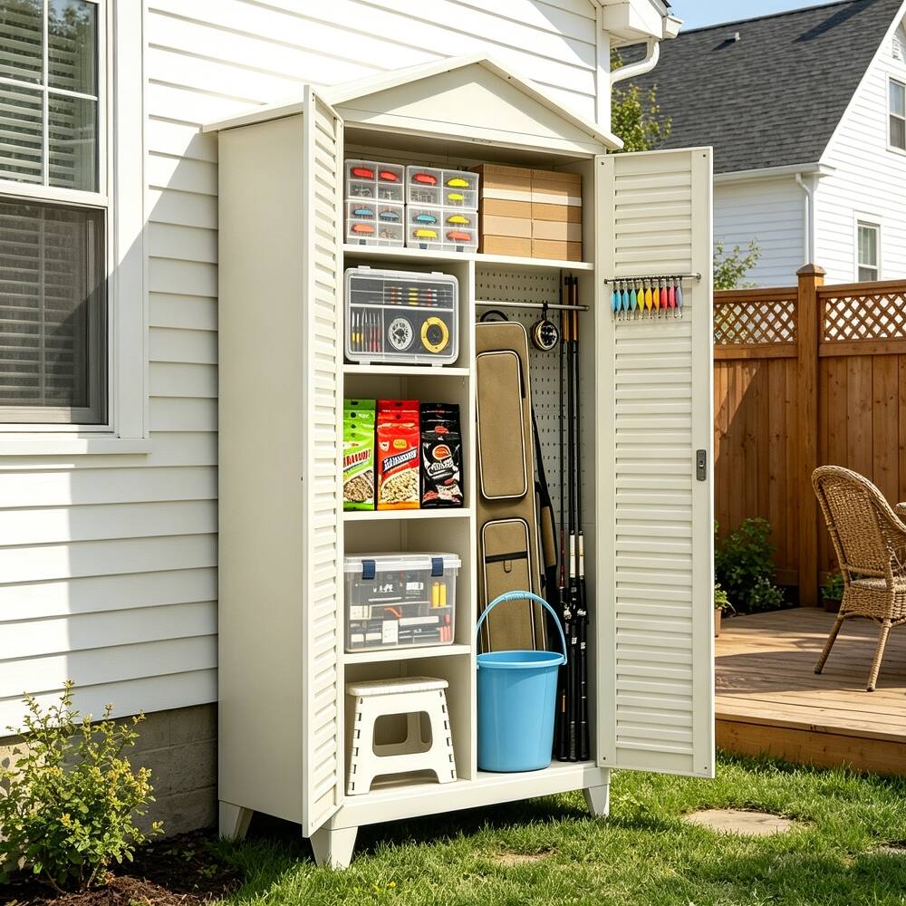 Alt View 10. Loheer - Loheer Tall Metal Storage Cabinet, 79 Inch Steel Garage Tool Cabinet with Pegboard and Adjustable Shelves, Beige - Beige.