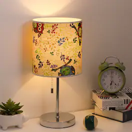 Oumilen - Owl Print Table Lamp with Pull Chain – Fabric Shade, E26 Base for Bedroom, Living Room