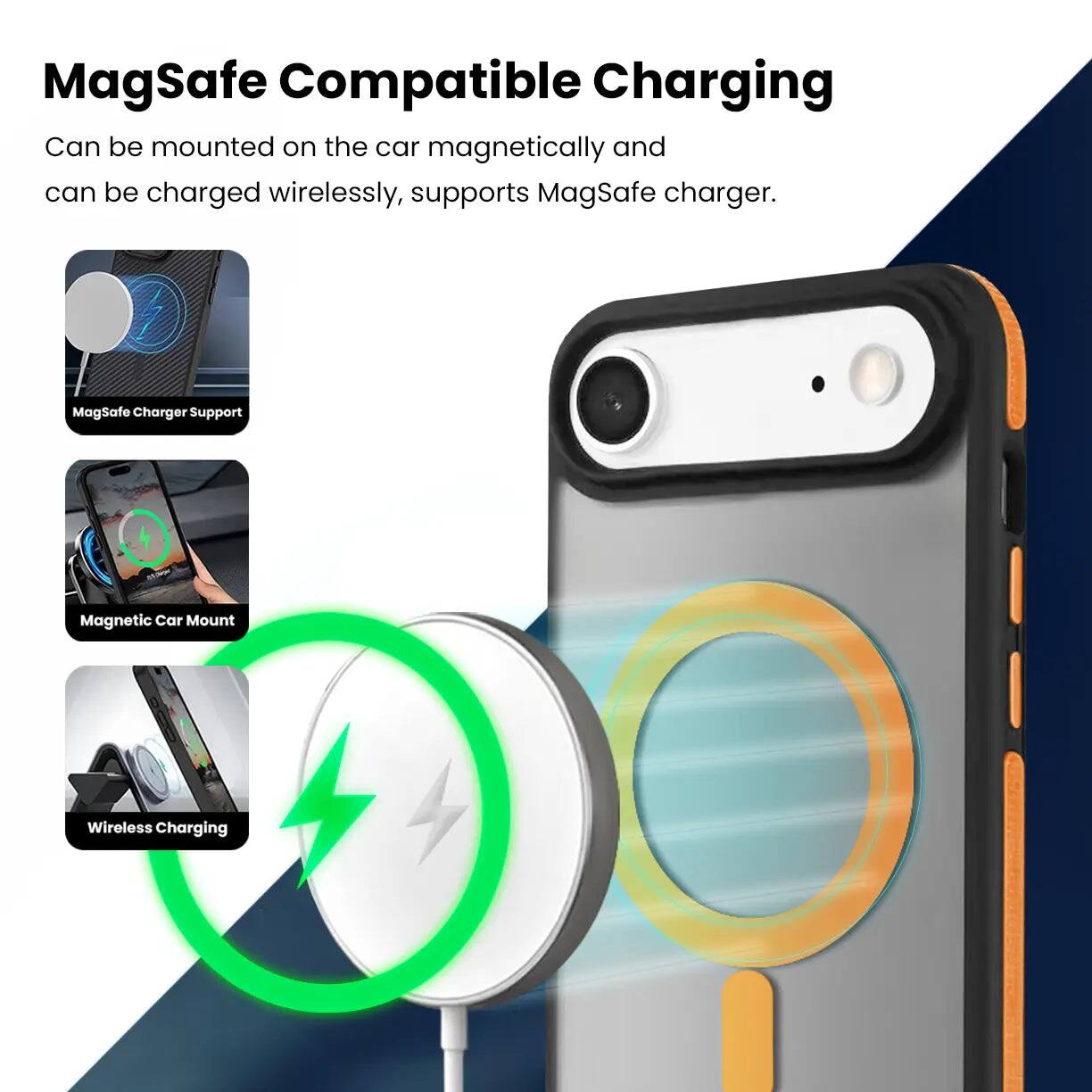 MagSafe Compatible Charging  
Can be mounted on the car magnetically and can be charged wirelessly, supports MagSafe charger.  

MagSafe Charger Support  
Magnetic Car Mount  
Wireless Charging