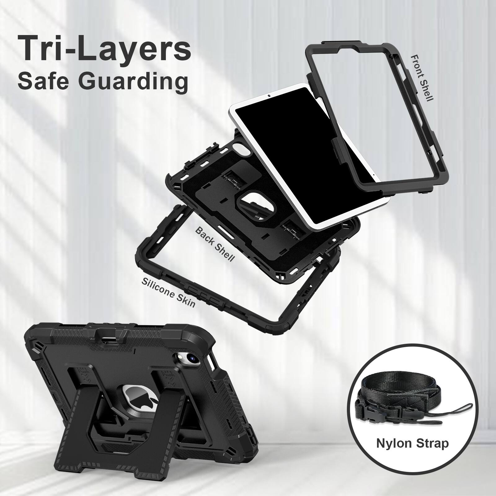 Tri-Layers Safe Guarding  
Front Shell  
Back Shell  
Silicone Skin  
Nylon Strap