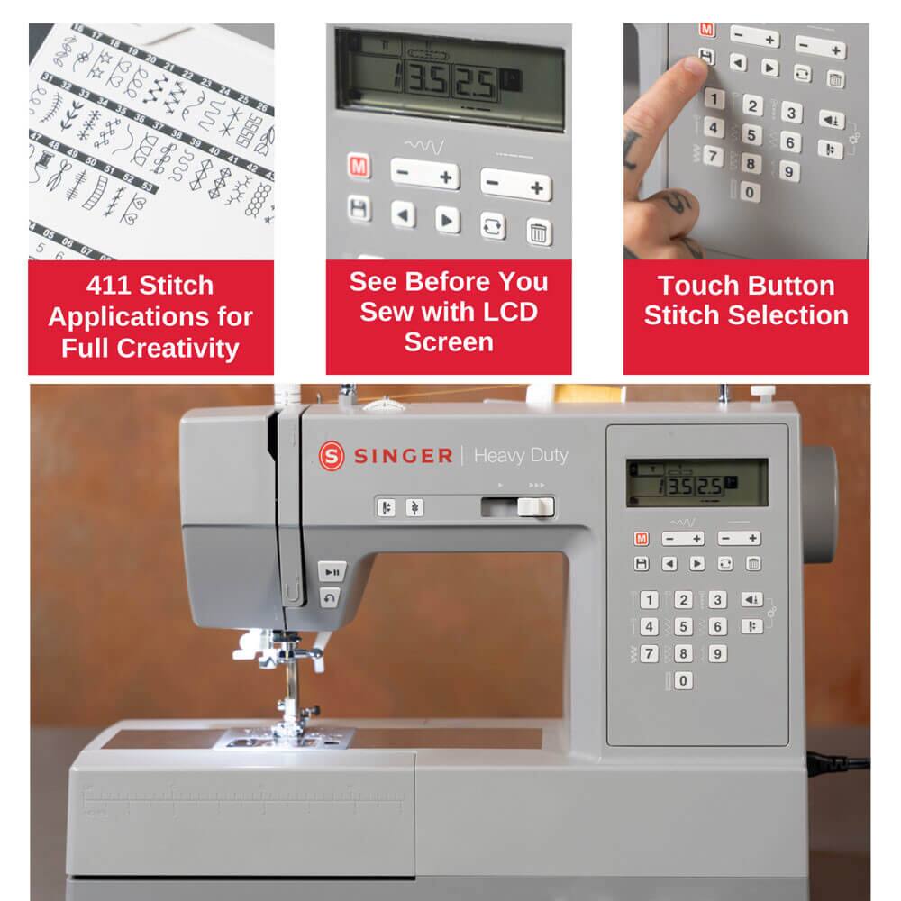 100g 1 19 20 2 22 eee WV N 2 ) 26 I 36 Vv 6895 38 45 2 5 0 889 4 41 47 52 51 $ $ 4 T 18 05 5 66 O7 411 Stitch Applications for Full Creativity 3.5 25 M - + - + See Before You Sew with LCD Screen M - + - + T 4 4 1 2 3 1 4 5 6 7 8 9 0 Touch Button Stitch Selection S SINGER Heavy Duty 13S25 35 2.5 V M + - H 4 4 a 1 2 3 4 5 6 7 8 9 0