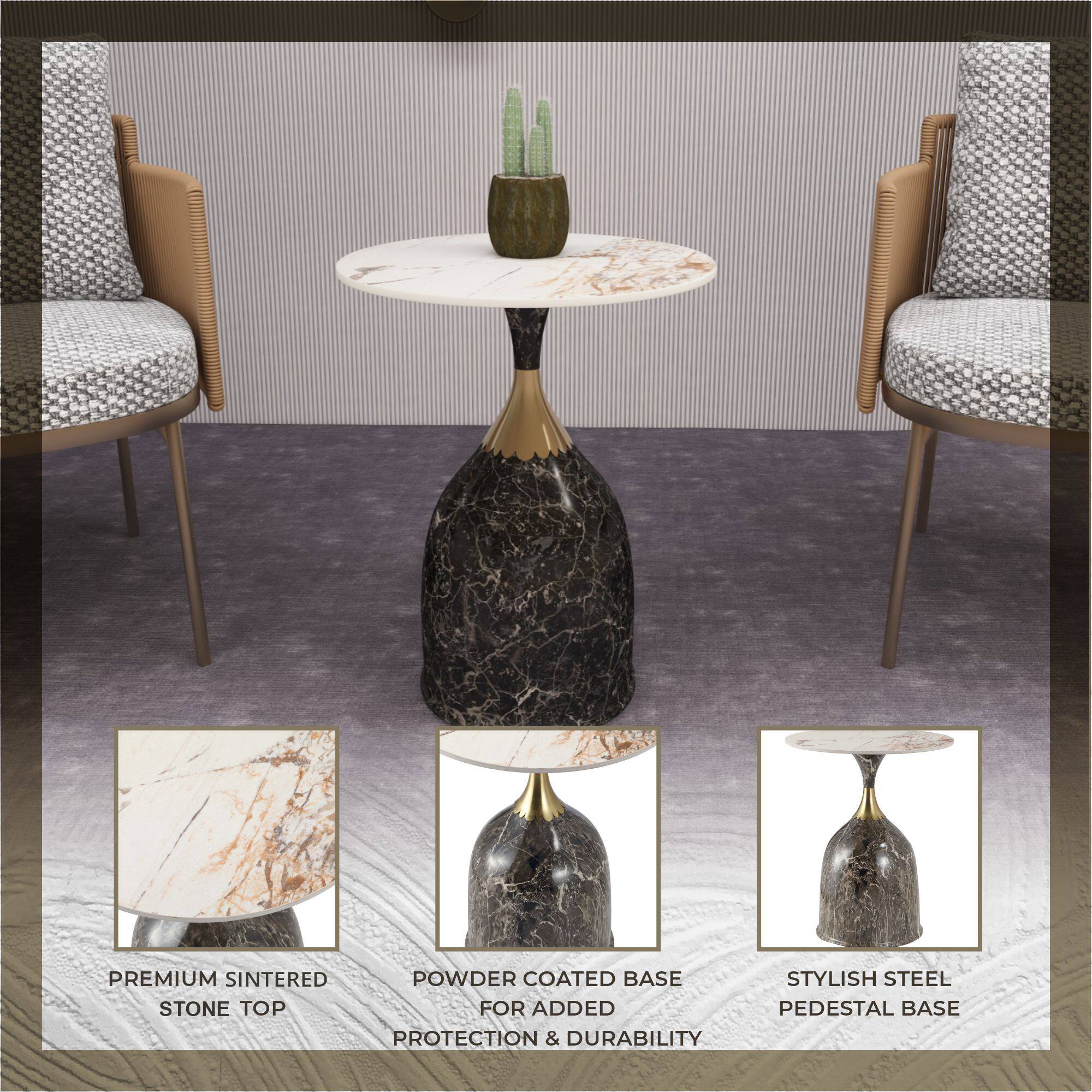 PREMIUM SINTERED POWDER COATED BASE STONE TOP FOR ADDED PROTECTION & DURABILITY  
STYLISH STEEL PEDESTAL BASE