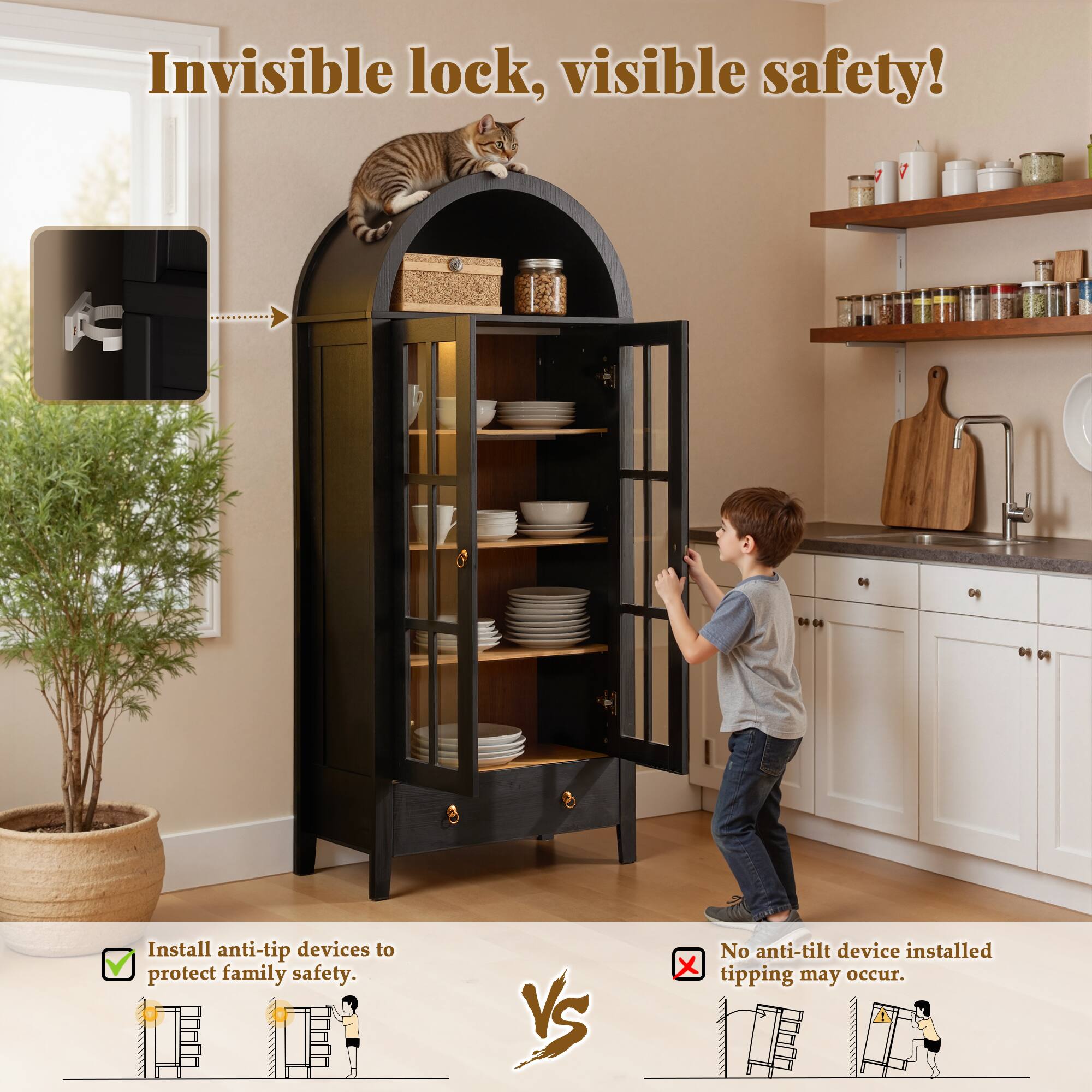 Invisible lock, visible safety!

Install anti-tip devices to protect family safety.

No anti-tilt device installed tipping may occur.