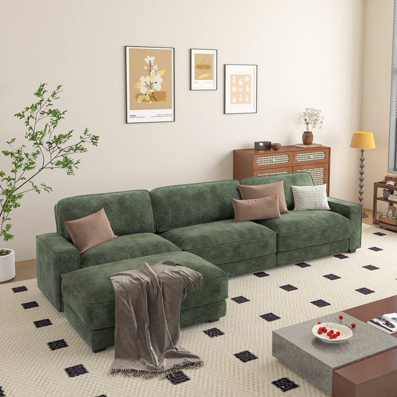 Back. Vipbear - 119" Modular Sectional Sofa, L Shaped Sofa Couch with Reversible Ottoman, Combination Chenille Deep 4-Seat Cloud Couch - Green.