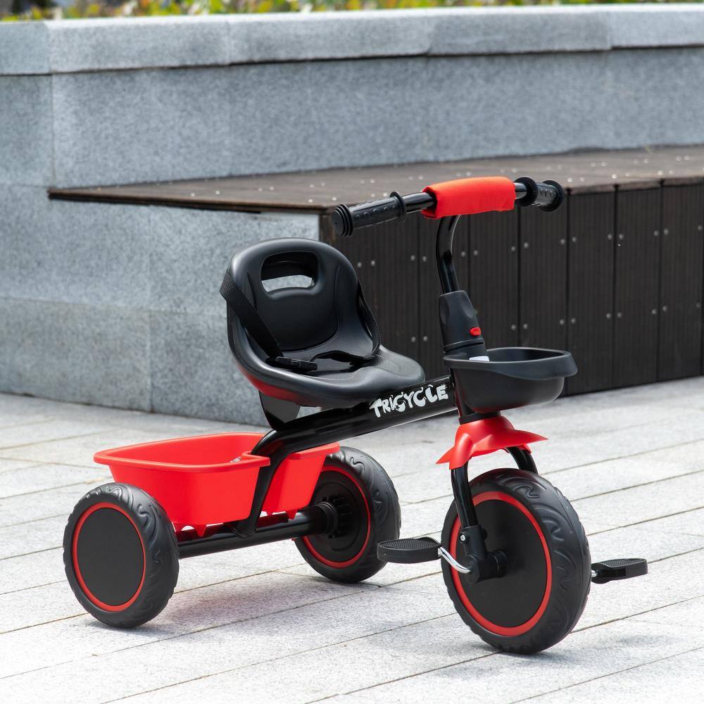 Angle. BreeBe - Qaba Tricycle for Toddlers Age 2-5 with Adjustable Seat, Toddler Bike with Storage Baskets for Girls and Boys - Red.